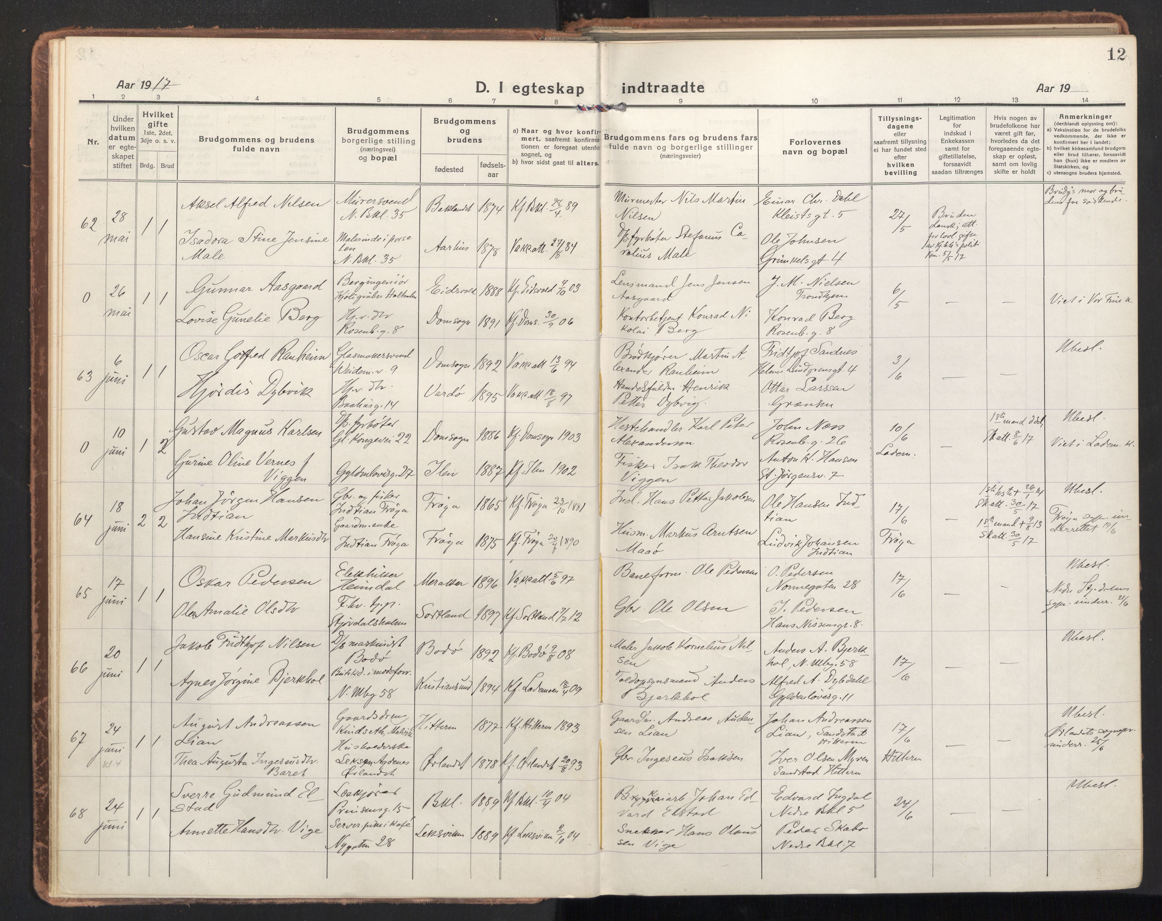 Ministerialprotokoller, klokkerbøker og fødselsregistre - Sør-Trøndelag, AV/SAT-A-1456/604/L0206: Parish register (official) no. 604A26, 1917-1931, p. 12