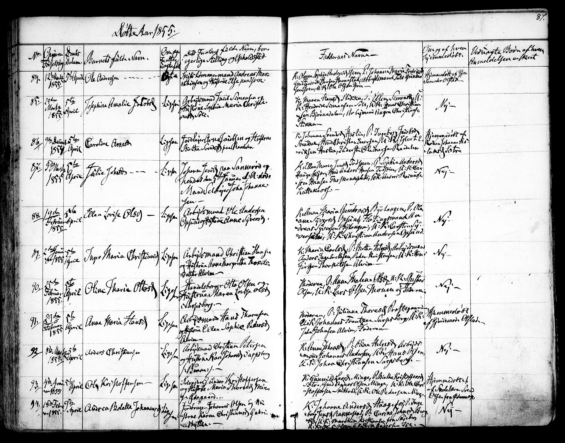 Tune prestekontor Kirkebøker, AV/SAO-A-2007/F/Fa/L0011: Parish register (official) no. 11, 1852-1856, p. 87