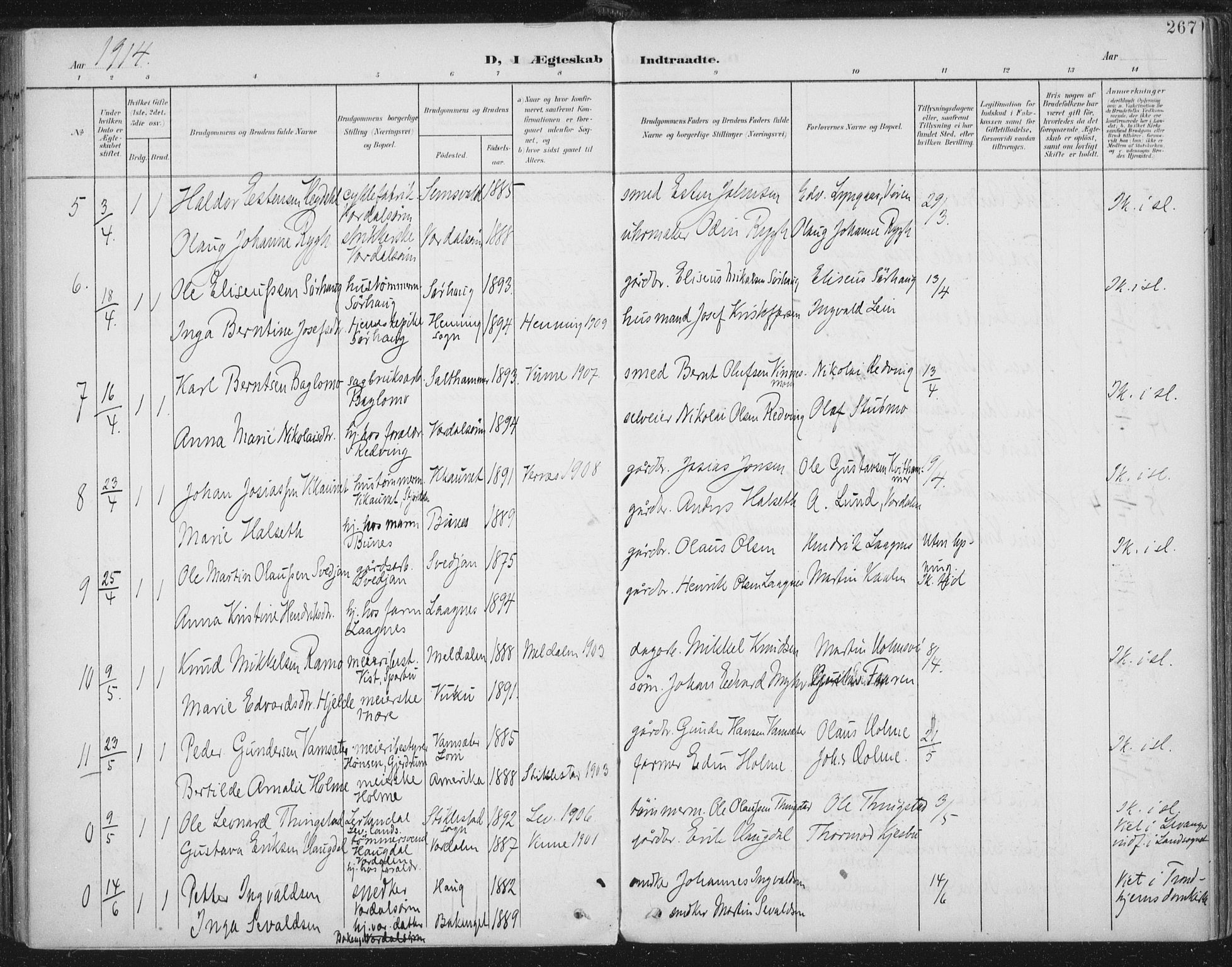 Ministerialprotokoller, klokkerbøker og fødselsregistre - Nord-Trøndelag, AV/SAT-A-1458/723/L0246: Parish register (official) no. 723A15, 1900-1917, p. 267