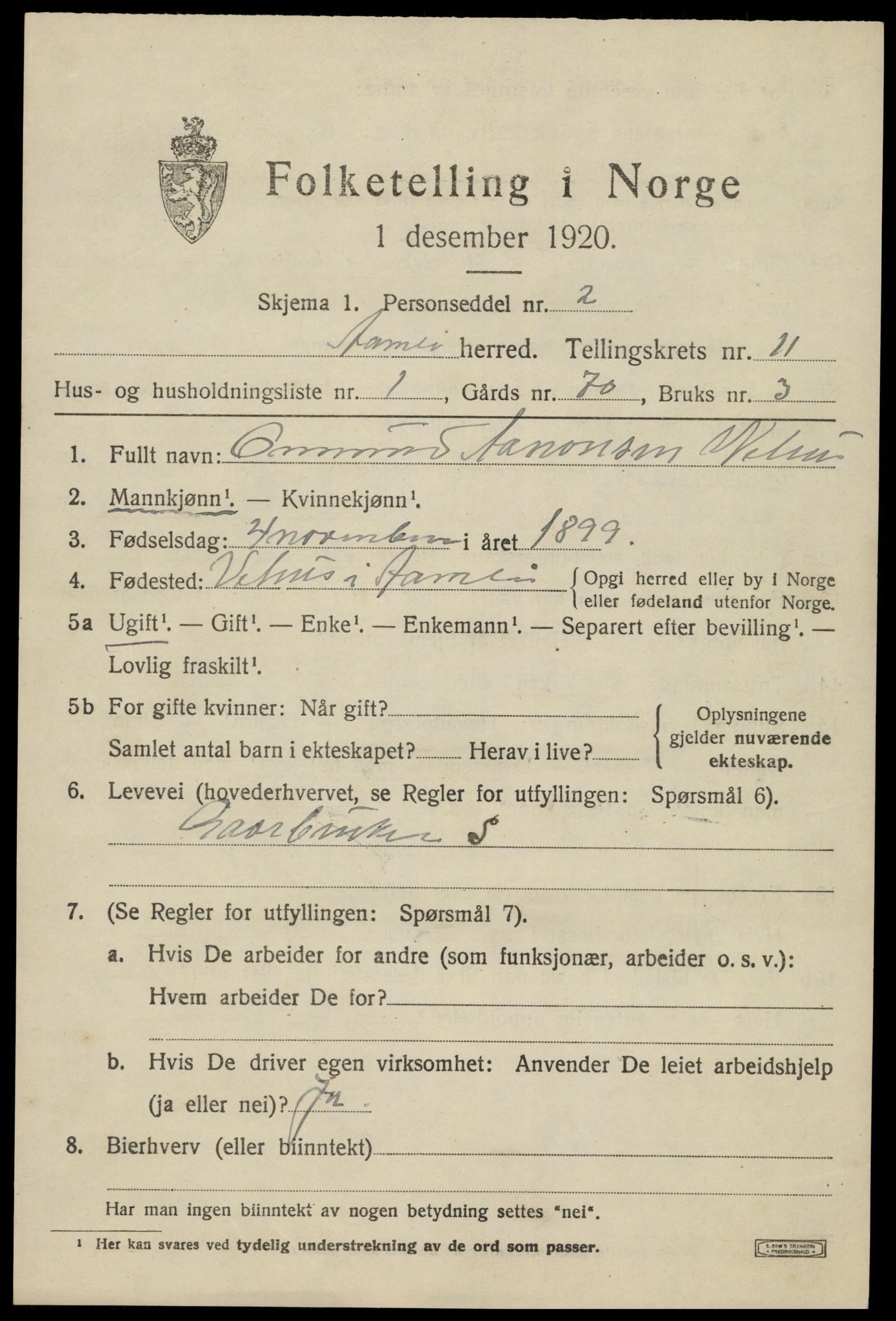 SAK, 1920 census for Åmli, 1920, p. 4199