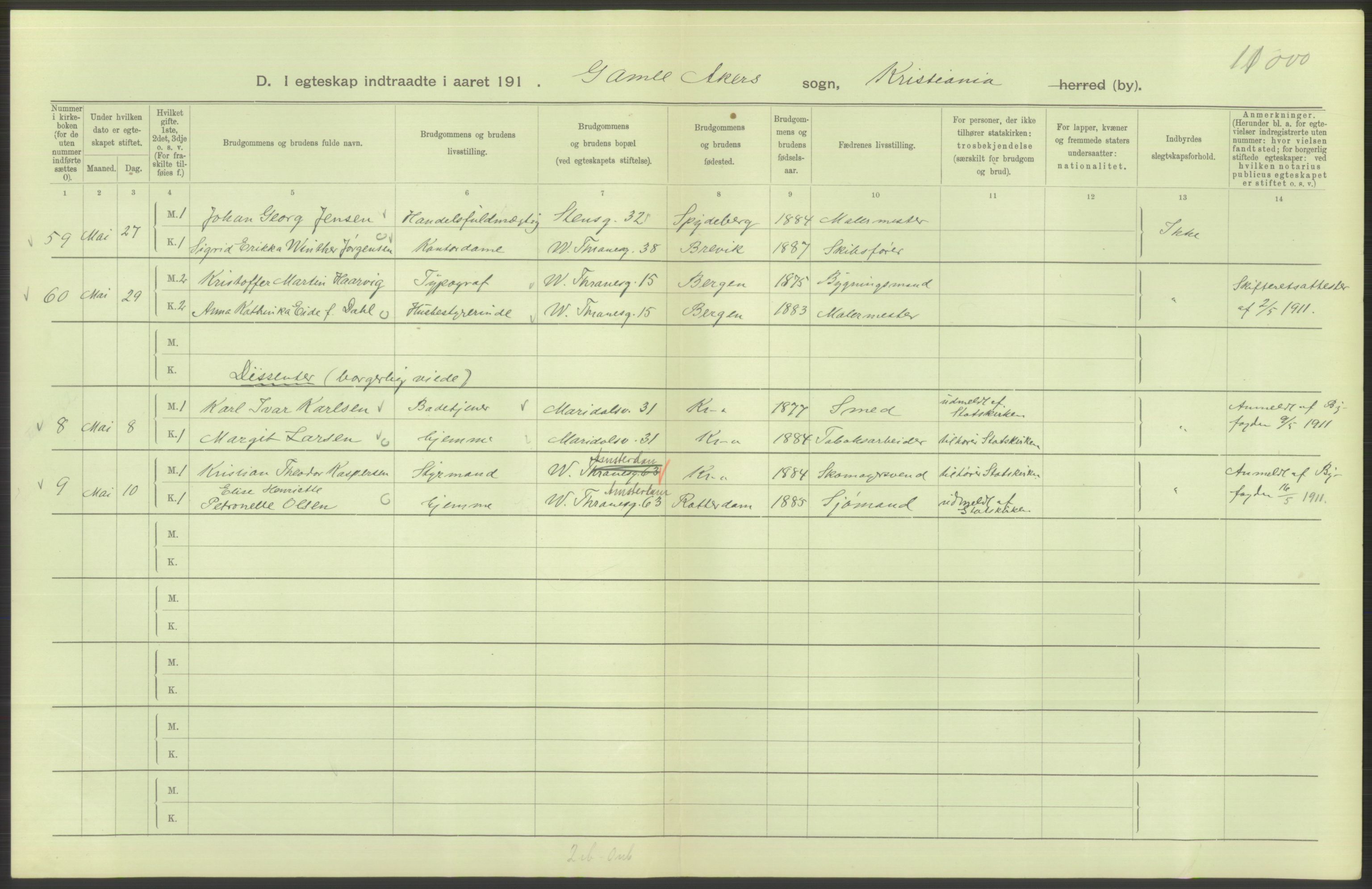 Statistisk sentralbyrå, Sosiodemografiske emner, Befolkning, AV/RA-S-2228/D/Df/Dfb/Dfba/L0008: Kristiania: Gifte, 1911, p. 632