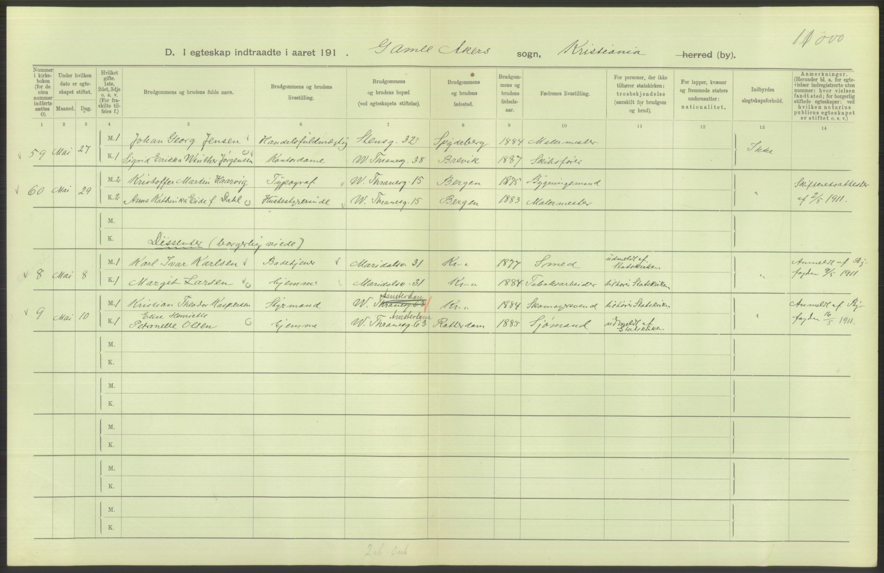 Statistisk sentralbyrå, Sosiodemografiske emner, Befolkning, RA/S-2228/D/Df/Dfb/Dfba/L0008: Kristiania: Gifte, 1911, p. 632