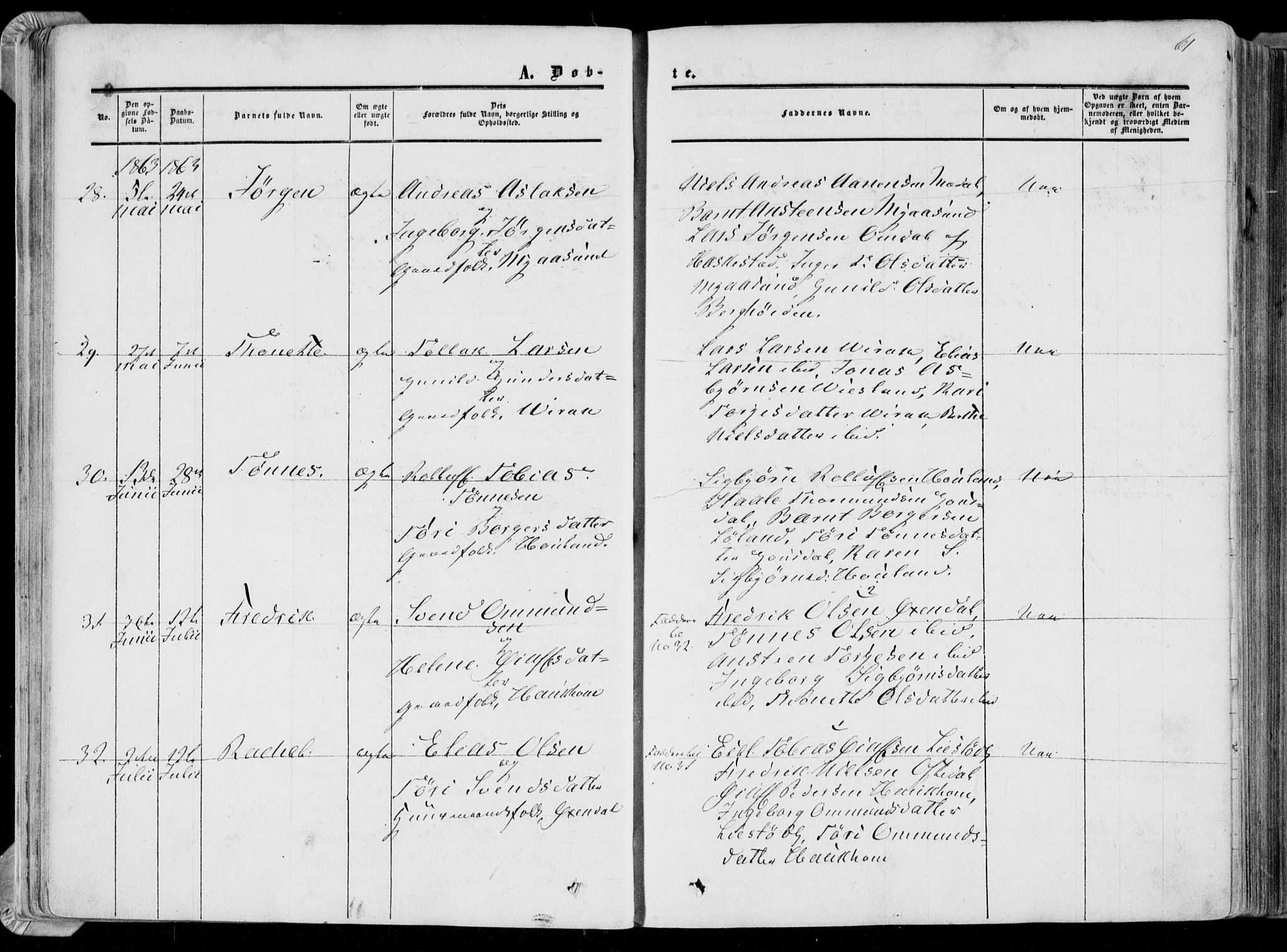 Bakke sokneprestkontor, AV/SAK-1111-0002/F/Fa/Faa/L0006: Parish register (official) no. A 6, 1855-1877, p. 61