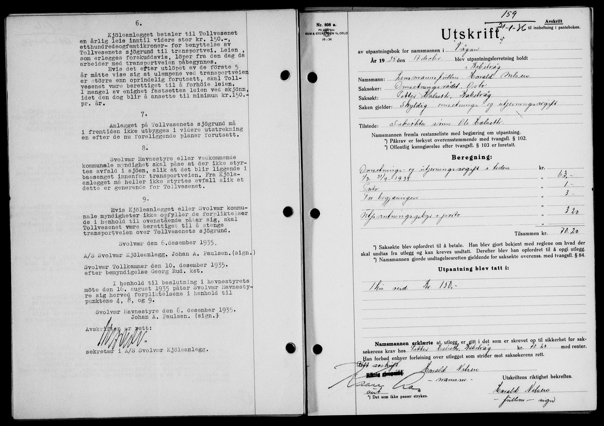 Lofoten sorenskriveri, SAT/A-0017/1/2/2C/L0033b: Mortgage book no. 33b, 1936-1936, Diary no: : 159/1936