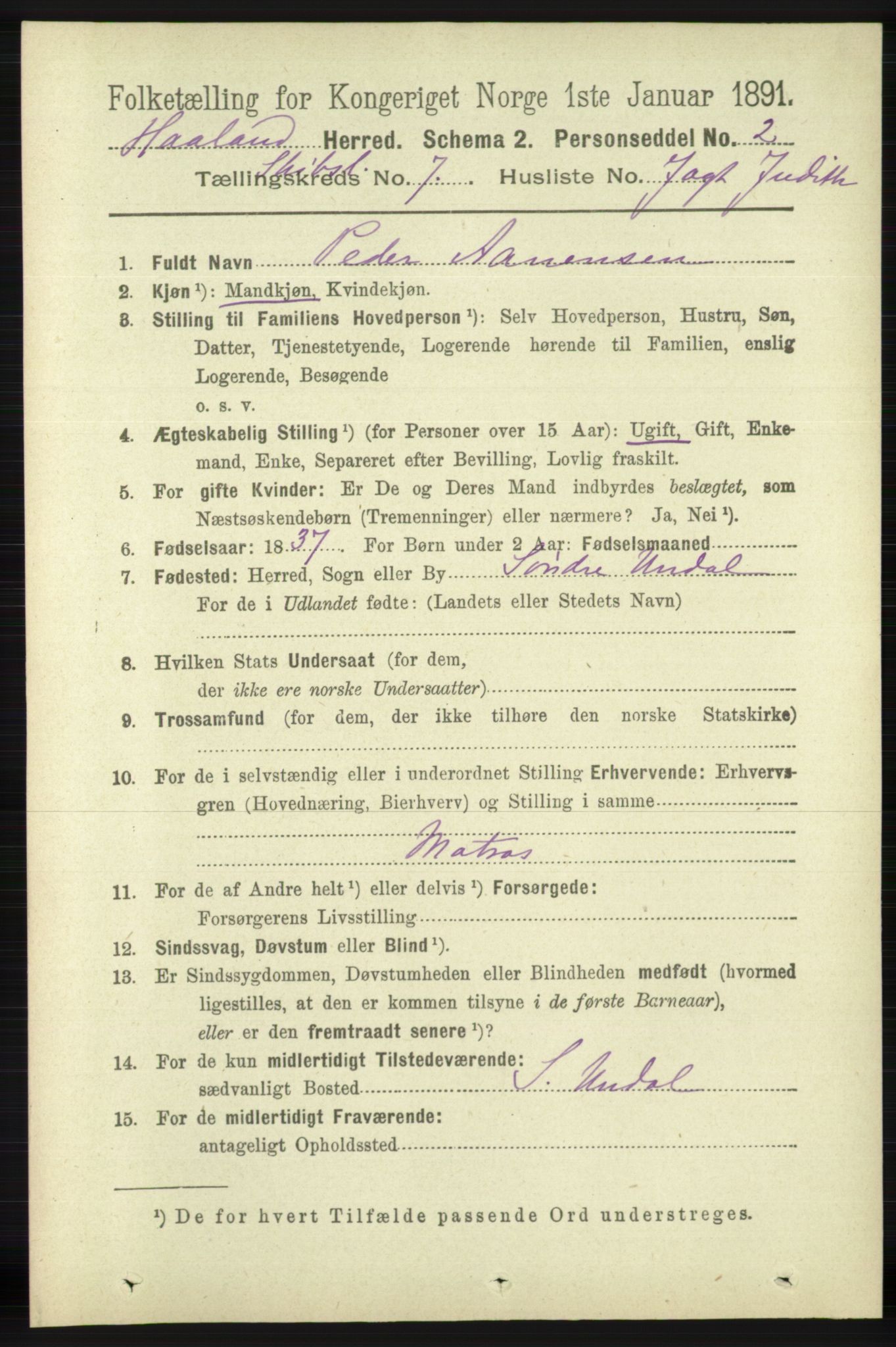 RA, 1891 census for 1124 Haaland, 1891, p. 4094