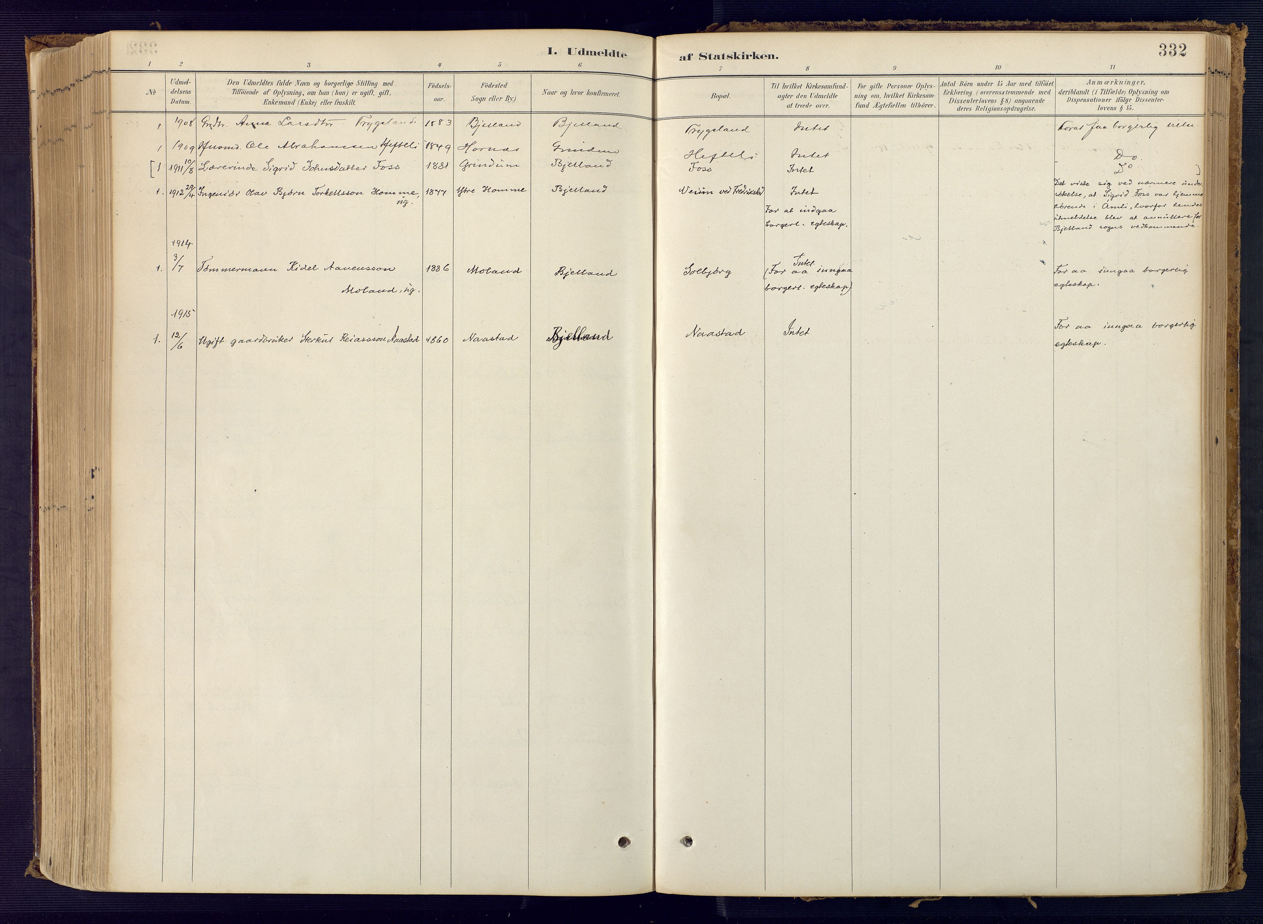 Bjelland sokneprestkontor, SAK/1111-0005/F/Fa/Faa/L0004: Parish register (official) no. A 4, 1887-1923, p. 332