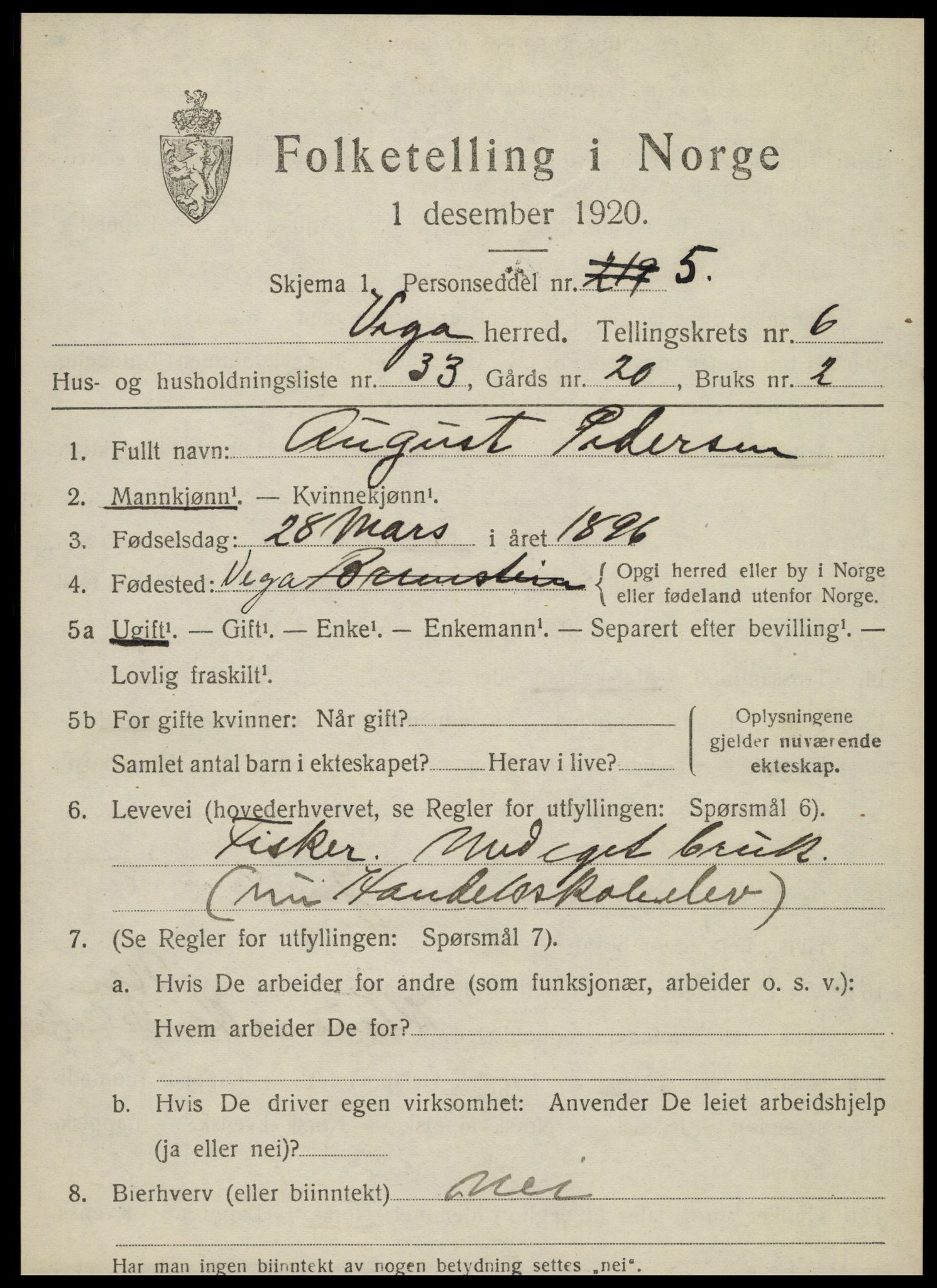 SAT, 1920 census for Vega, 1920, p. 3395