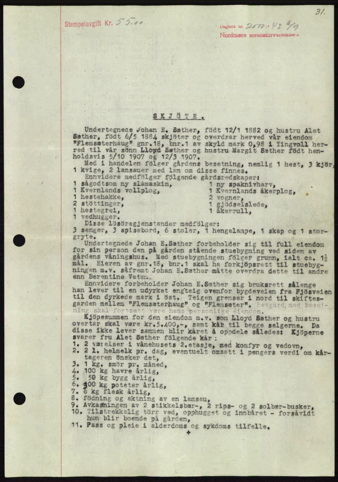 Nordmøre sorenskriveri, SAT/A-4132/1/2/2Ca: Mortgage book no. A96, 1943-1944, Diary no: : 2000/1943