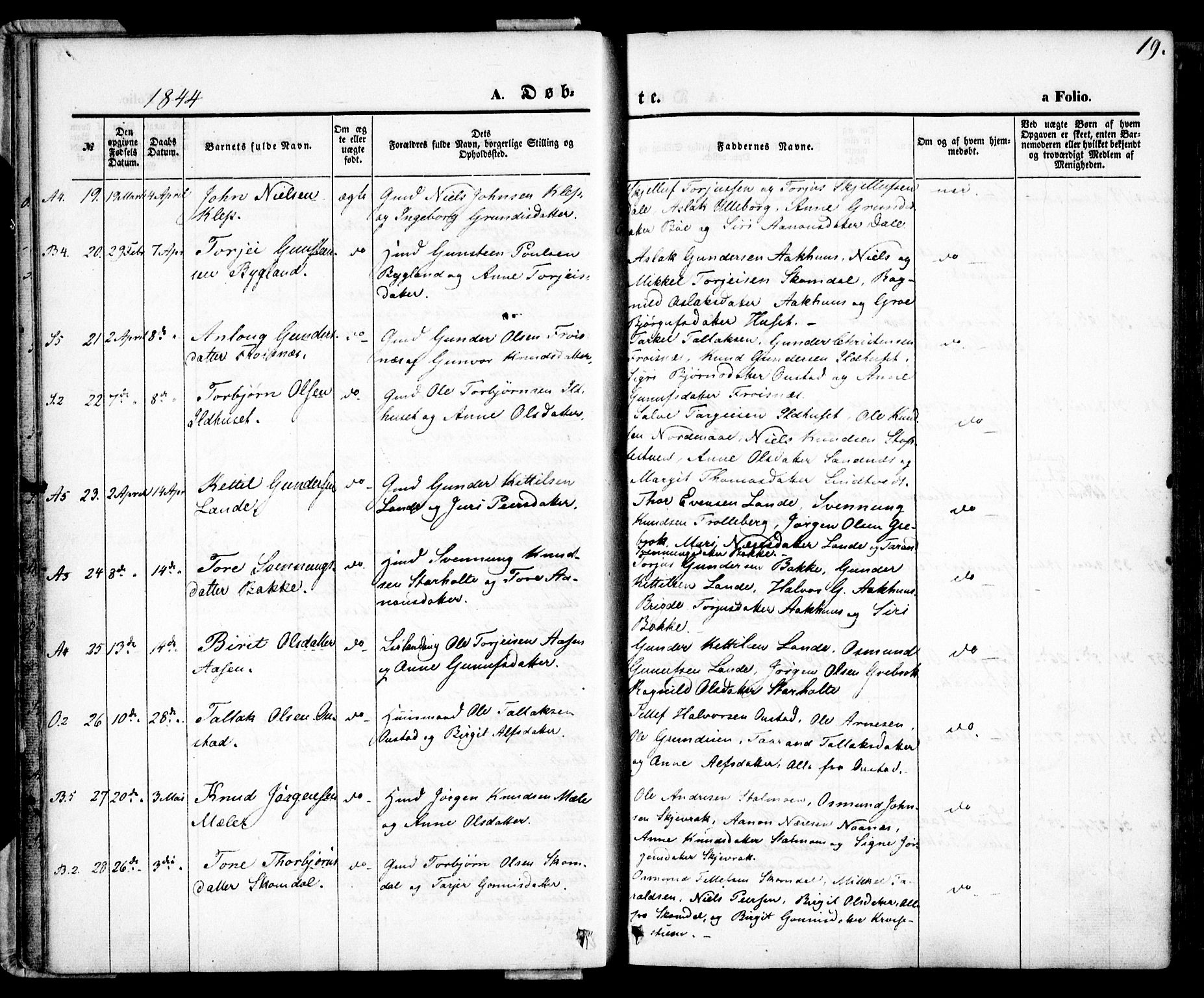 Bygland sokneprestkontor, AV/SAK-1111-0006/F/Fa/Fab/L0004: Parish register (official) no. A 4, 1842-1858, p. 19