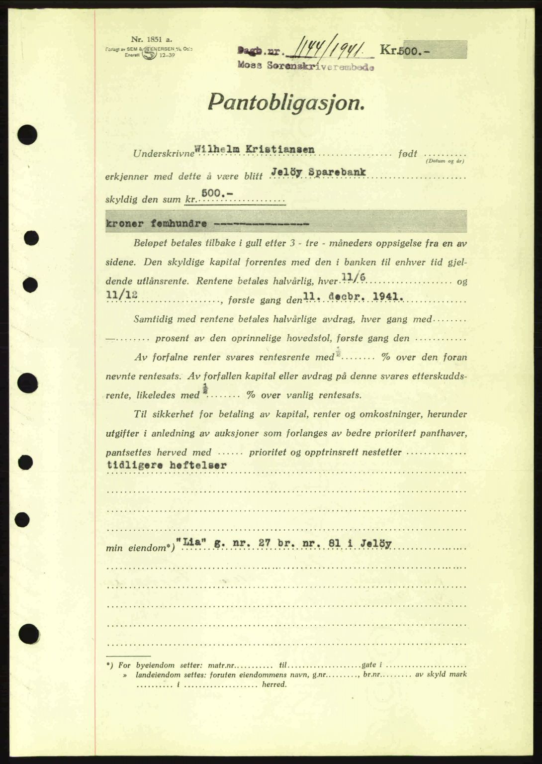 Moss sorenskriveri, SAO/A-10168: Mortgage book no. B10, 1940-1941, Diary no: : 1144/1941