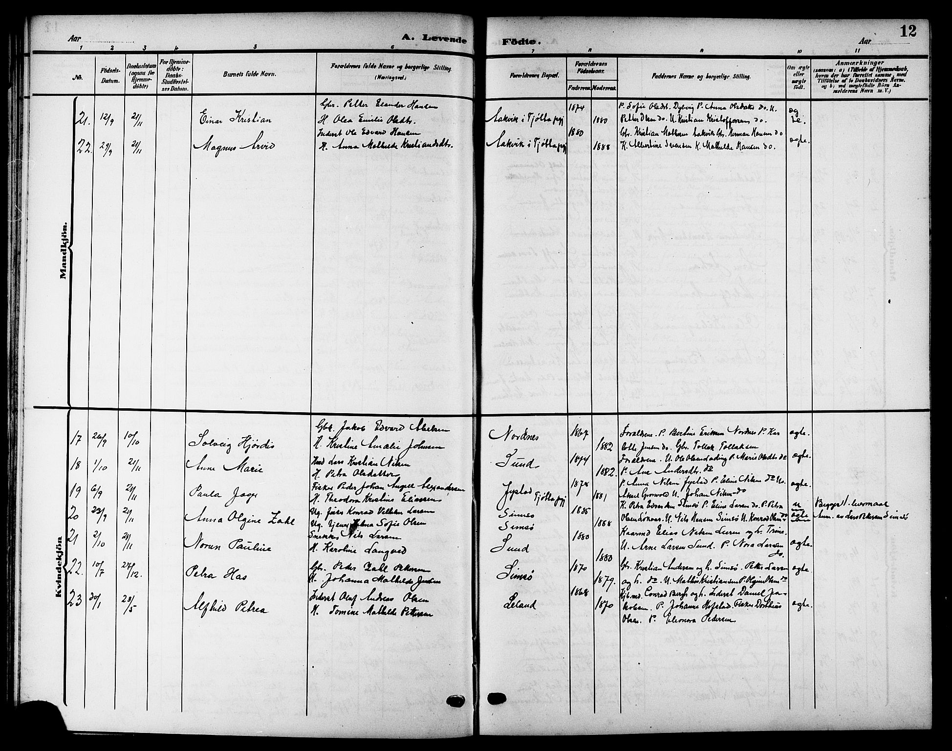 Ministerialprotokoller, klokkerbøker og fødselsregistre - Nordland, AV/SAT-A-1459/832/L0494: Parish register (copy) no. 832C01, 1906-1922, p. 12