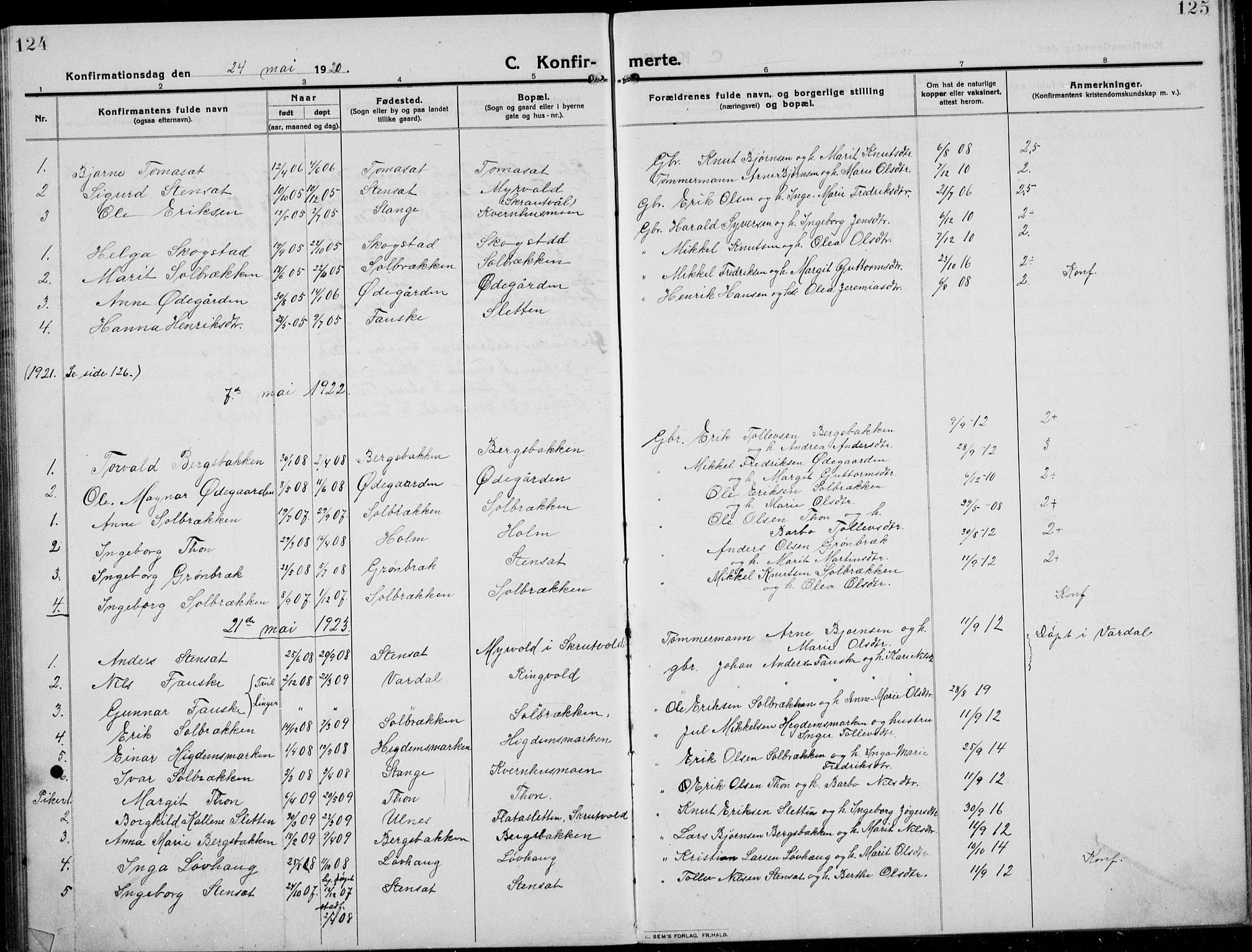 Etnedal prestekontor, AV/SAH-PREST-130/H/Ha/Hab/Habb/L0002: Parish register (copy) no. II 2, 1912-1934, p. 124-125