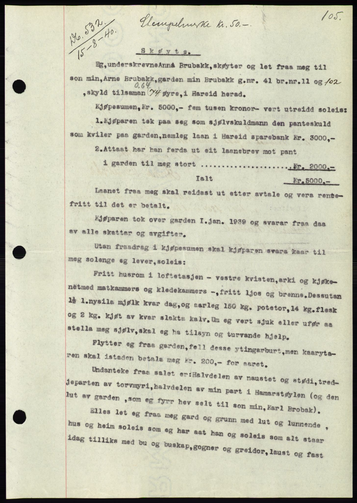 Søre Sunnmøre sorenskriveri, AV/SAT-A-4122/1/2/2C/L0070: Mortgage book no. 64, 1940-1941, Diary no: : 532/1940