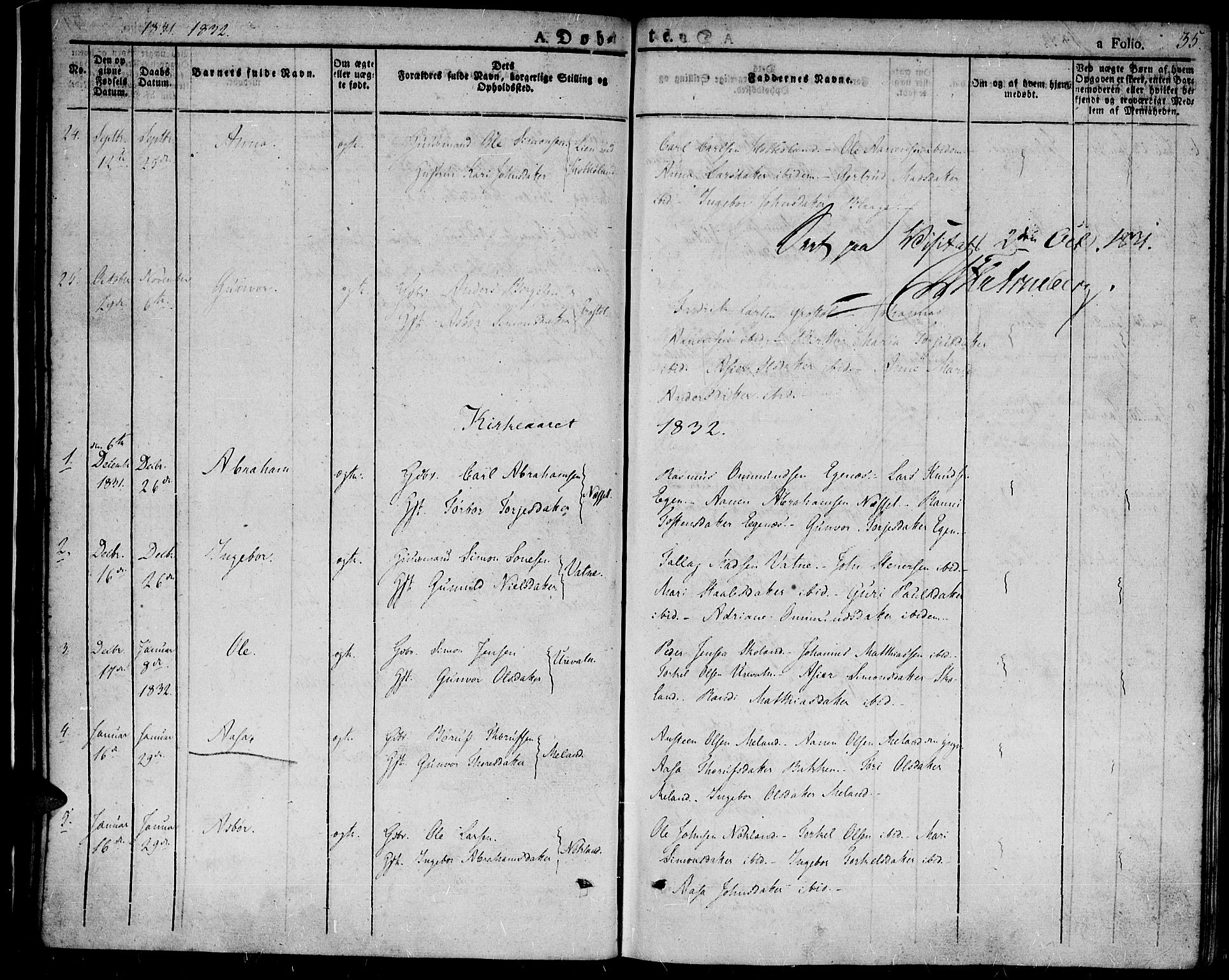 Hægebostad sokneprestkontor, AV/SAK-1111-0024/F/Fa/Fab/L0001: Parish register (official) no. A 1, 1823-1867, p. 35