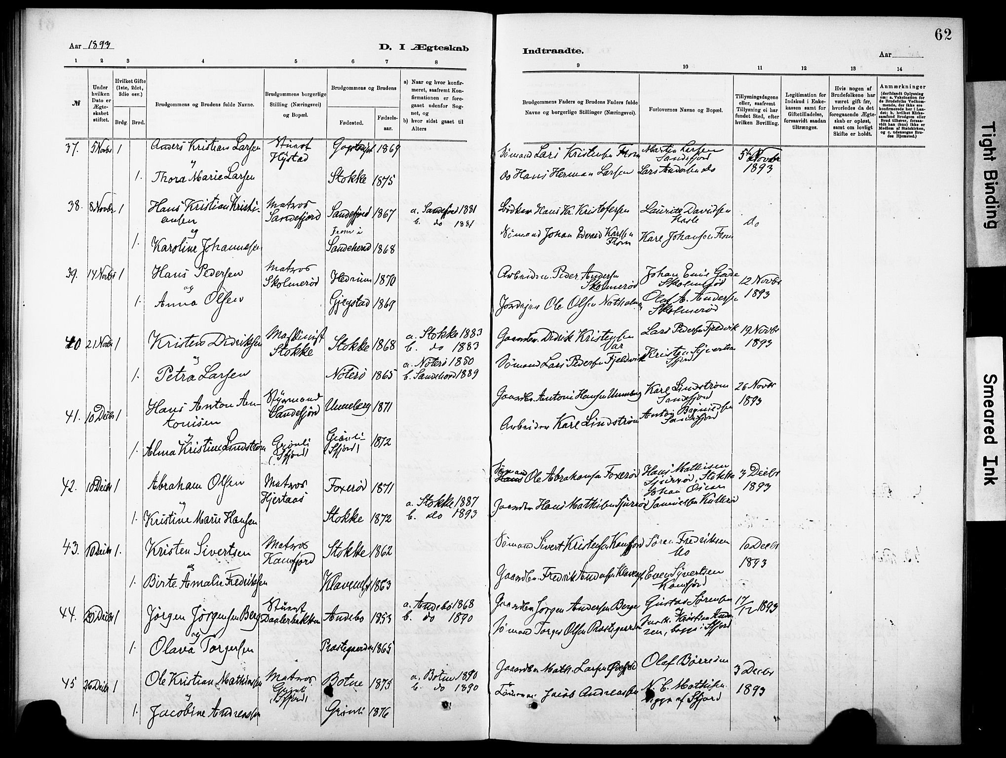 Sandar kirkebøker, AV/SAKO-A-243/F/Fa/L0013: Parish register (official) no. 13, 1883-1895, p. 62