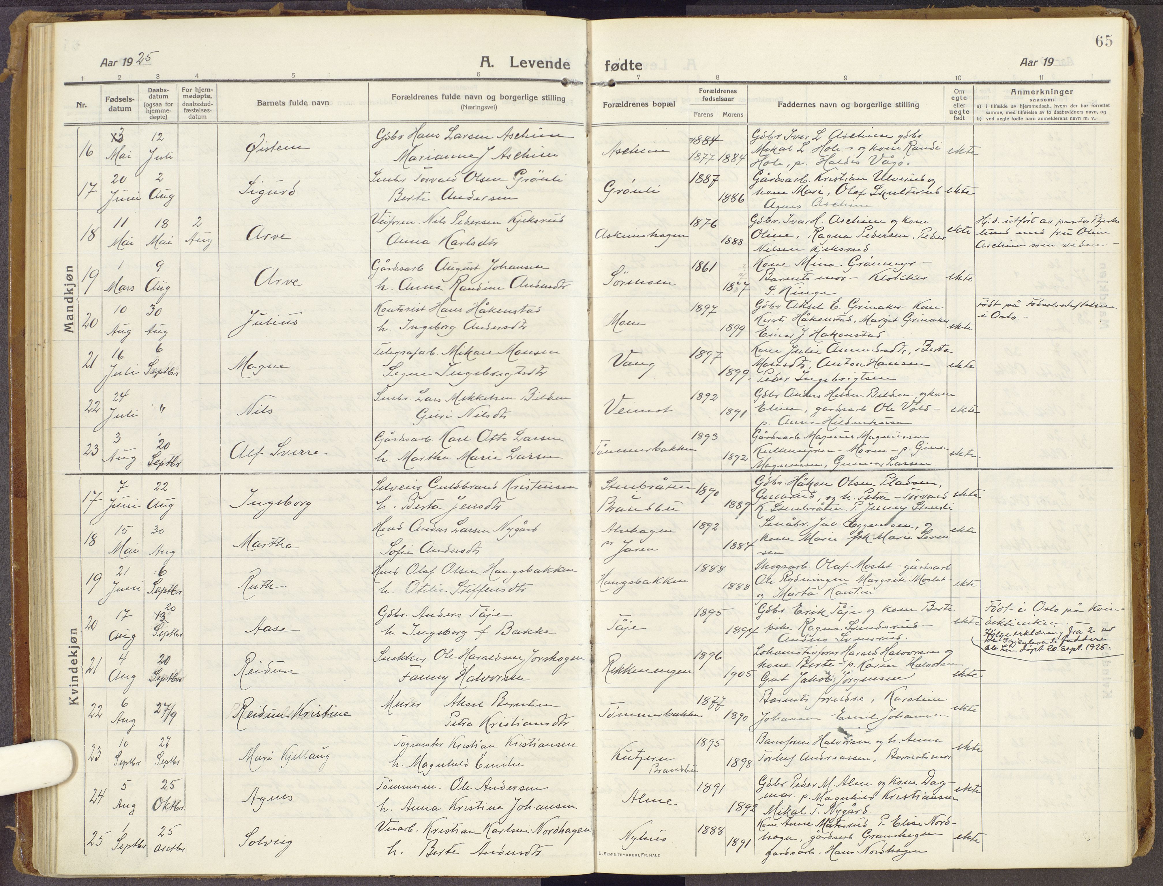 Brandbu prestekontor, SAH/PREST-114/H/Ha/Haa/L0003: Parish register (official) no. 3, 1914-1928, p. 65