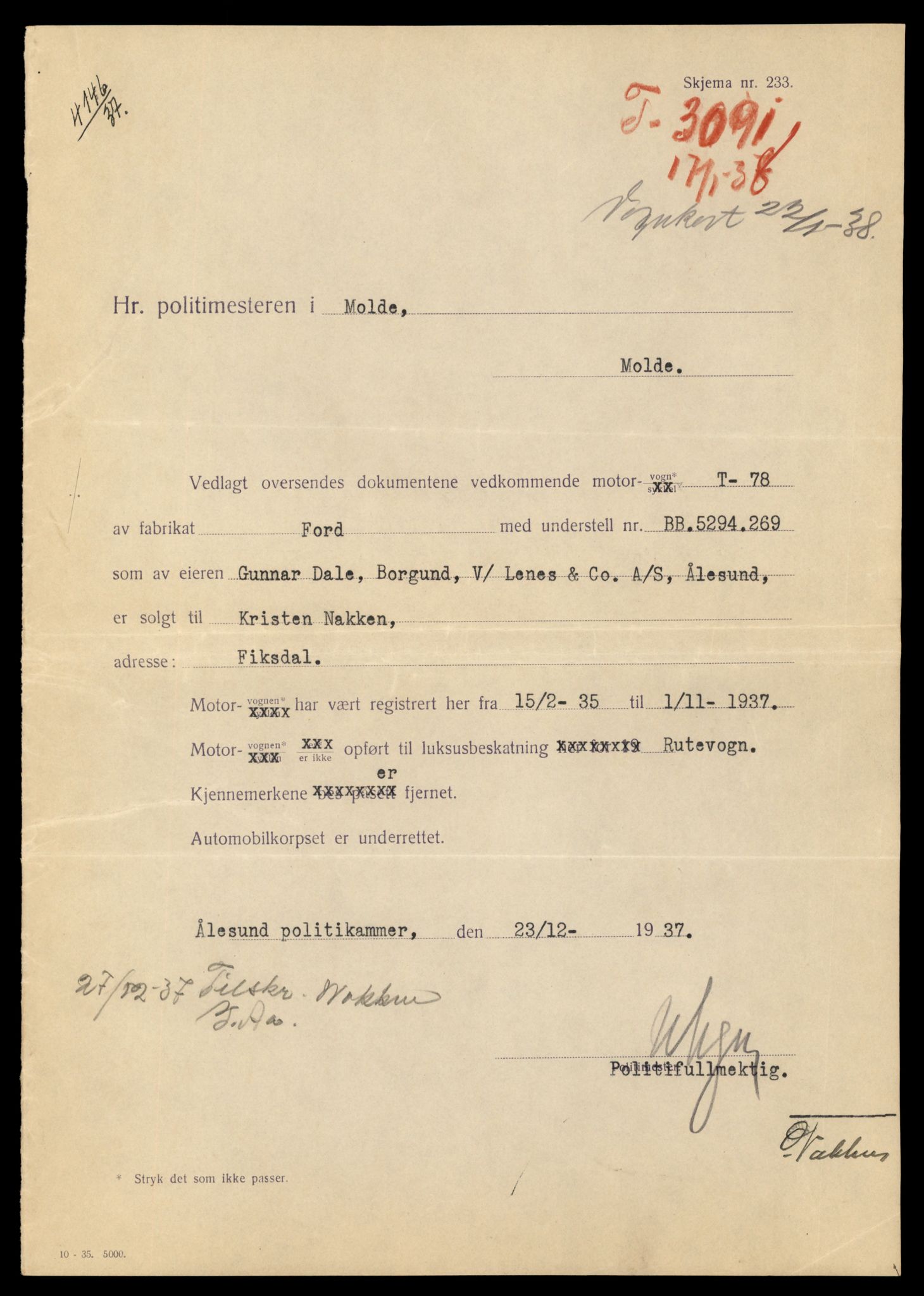 Møre og Romsdal vegkontor - Ålesund trafikkstasjon, AV/SAT-A-4099/F/Fe/L0012: Registreringskort for kjøretøy T 1290 - T 1450, 1927-1998, p. 3250