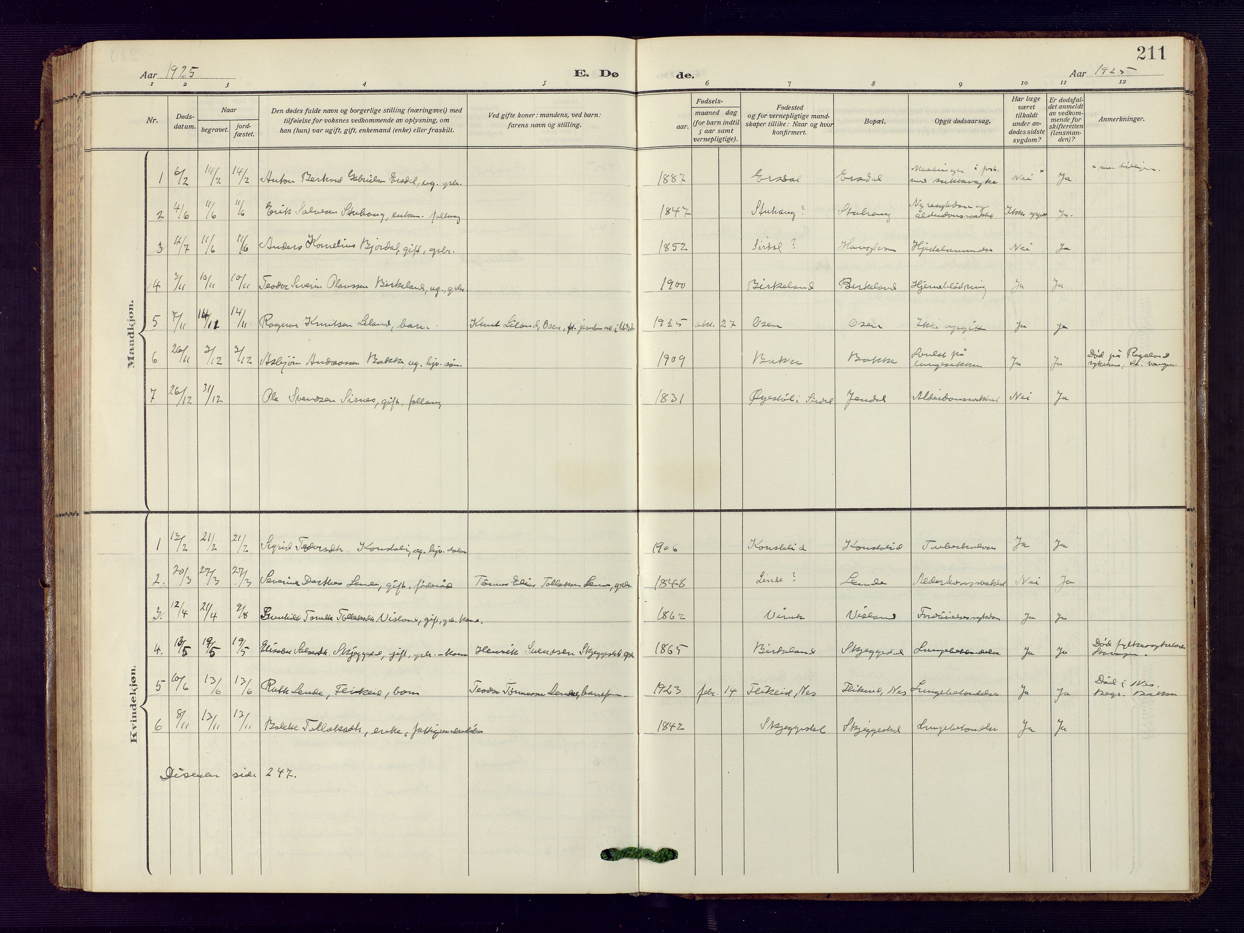 Bakke sokneprestkontor, SAK/1111-0002/F/Fb/Fba/L0004: Parish register (copy) no. B 4, 1911-1946, p. 211