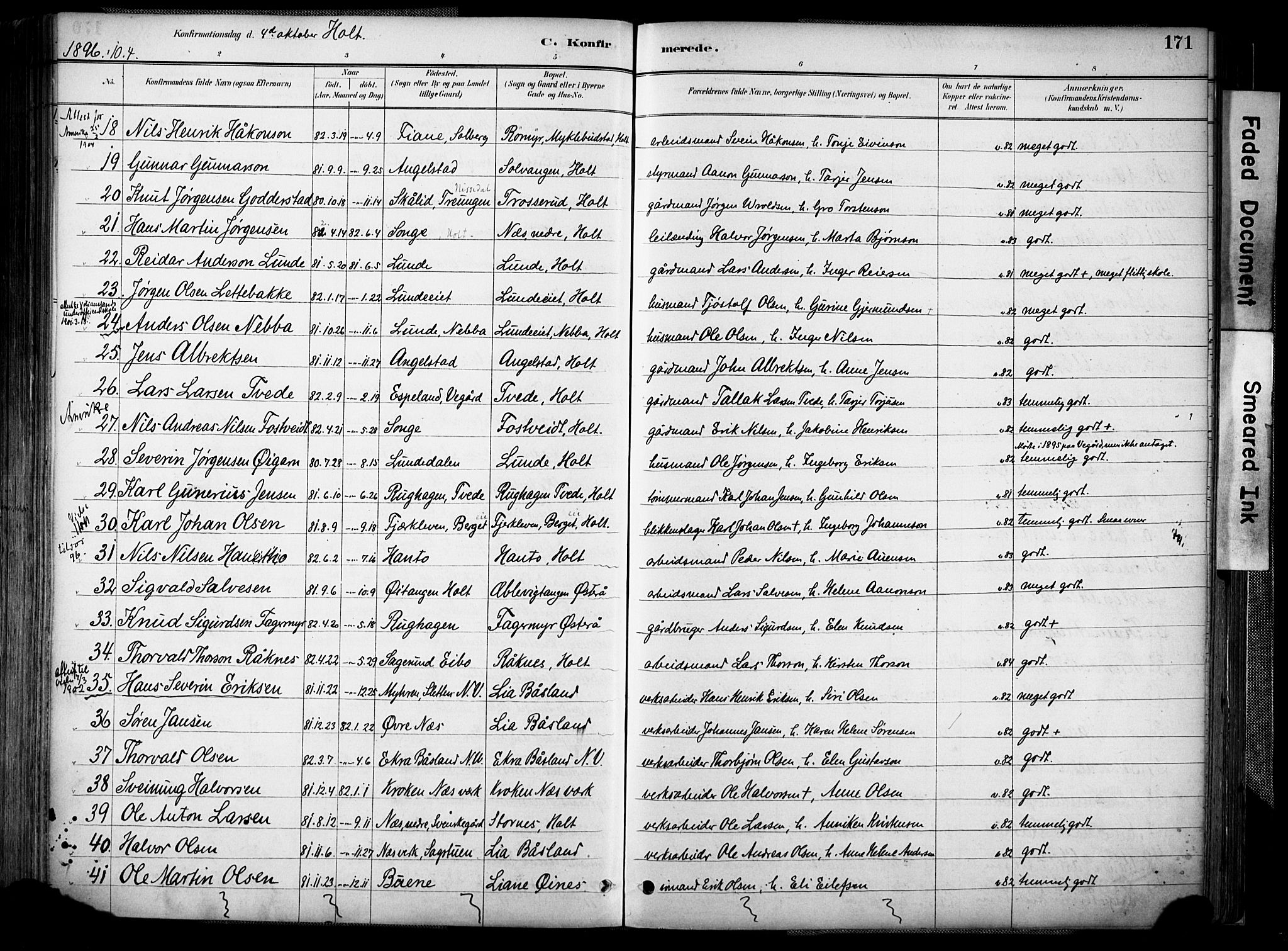 Holt sokneprestkontor, AV/SAK-1111-0021/F/Fa/L0012: Parish register (official) no. A 12, 1885-1907, p. 171