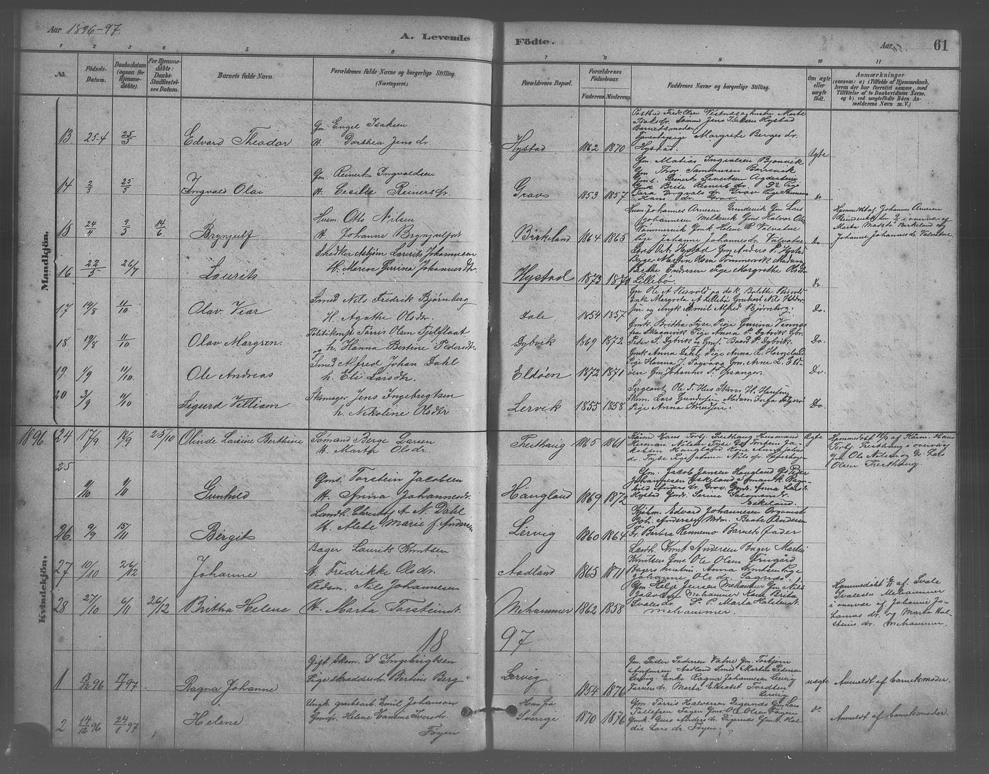 Stord sokneprestembete, AV/SAB-A-78201/H/Hab: Parish register (copy) no. A 2, 1879-1909, p. 61
