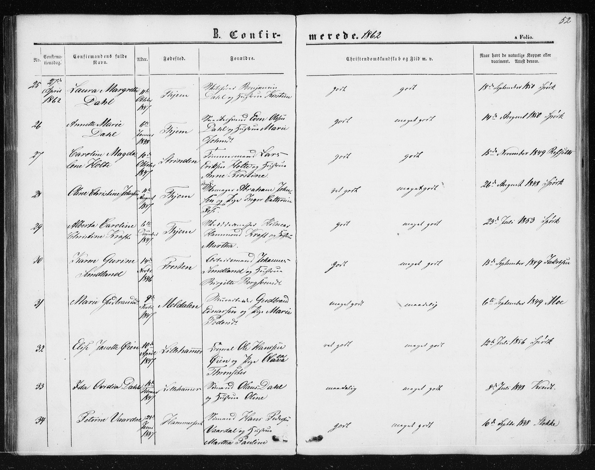 Ministerialprotokoller, klokkerbøker og fødselsregistre - Sør-Trøndelag, AV/SAT-A-1456/602/L0114: Parish register (official) no. 602A12, 1856-1872, p. 52