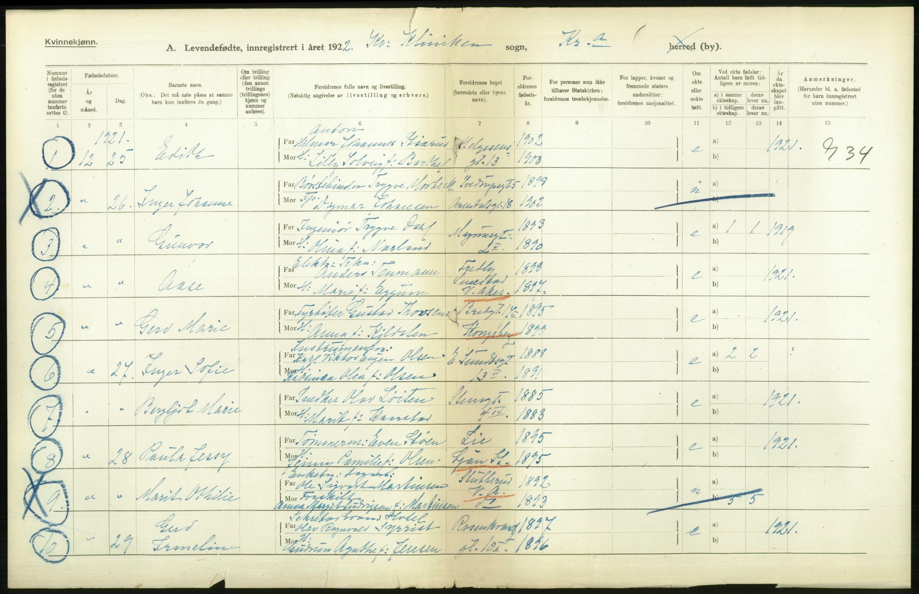 Statistisk sentralbyrå, Sosiodemografiske emner, Befolkning, AV/RA-S-2228/D/Df/Dfc/Dfcb/L0007: Kristiania: Levendefødte menn og kvinner., 1922, p. 216