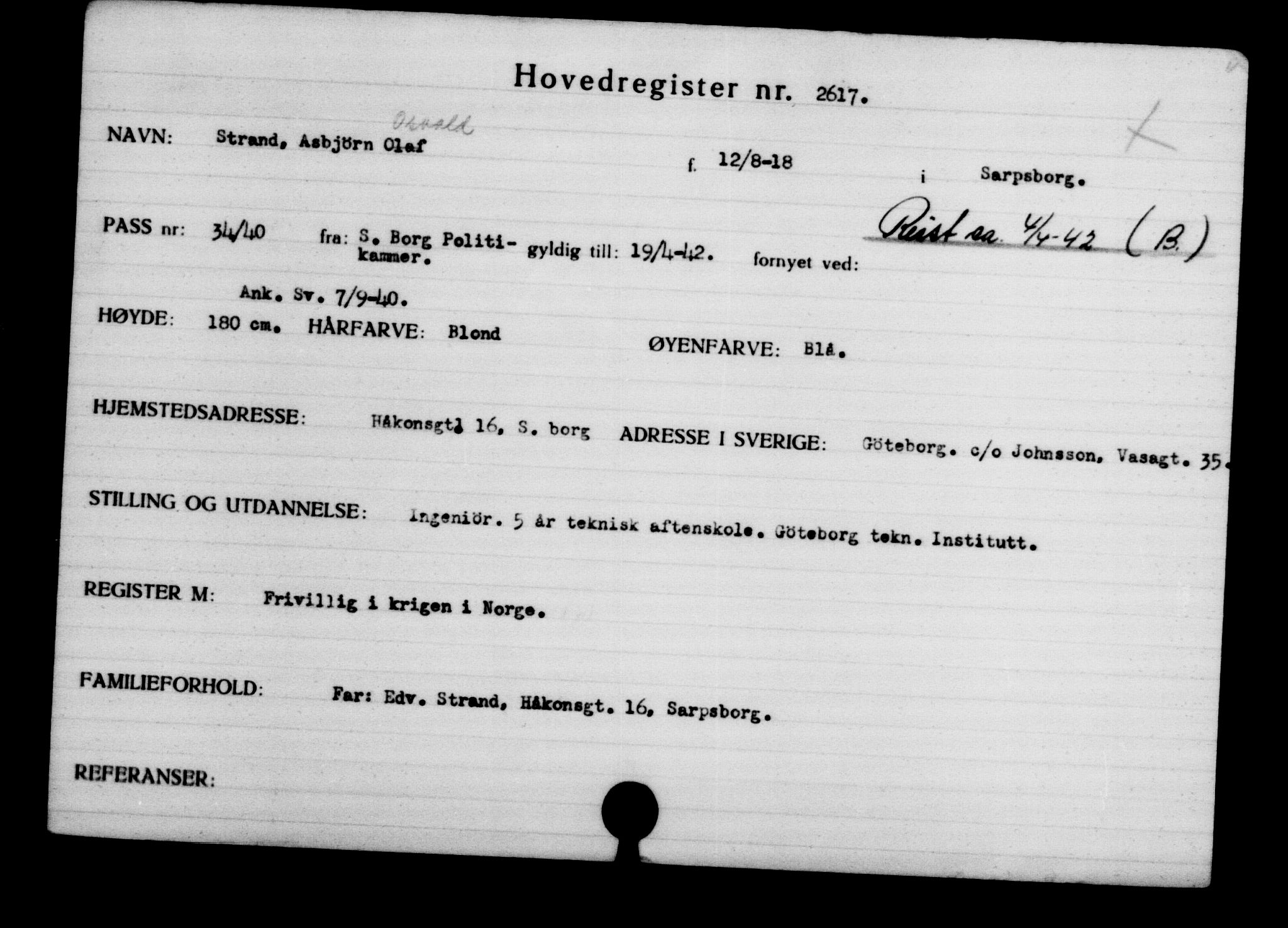 Utenriksstasjonene, Legasjonen i Stockholm, Flyktningkontoret, AV/RA-S-6753/V/Va/L0003: Kjesäterkartoteket, flyktninger med registreringsnr. 2001-3495, 1940-1945, p. 975