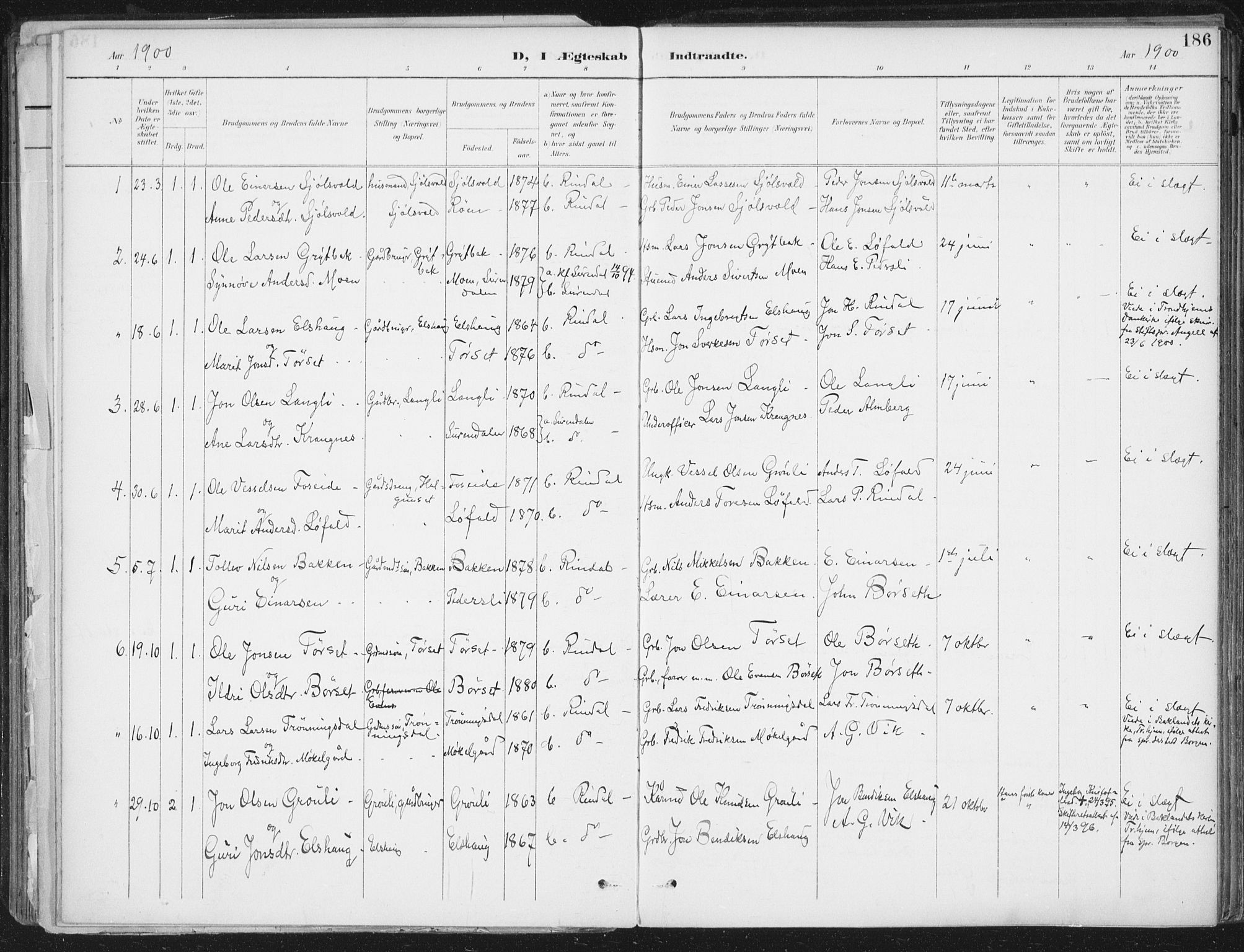 Ministerialprotokoller, klokkerbøker og fødselsregistre - Møre og Romsdal, SAT/A-1454/598/L1072: Parish register (official) no. 598A06, 1896-1910, p. 186