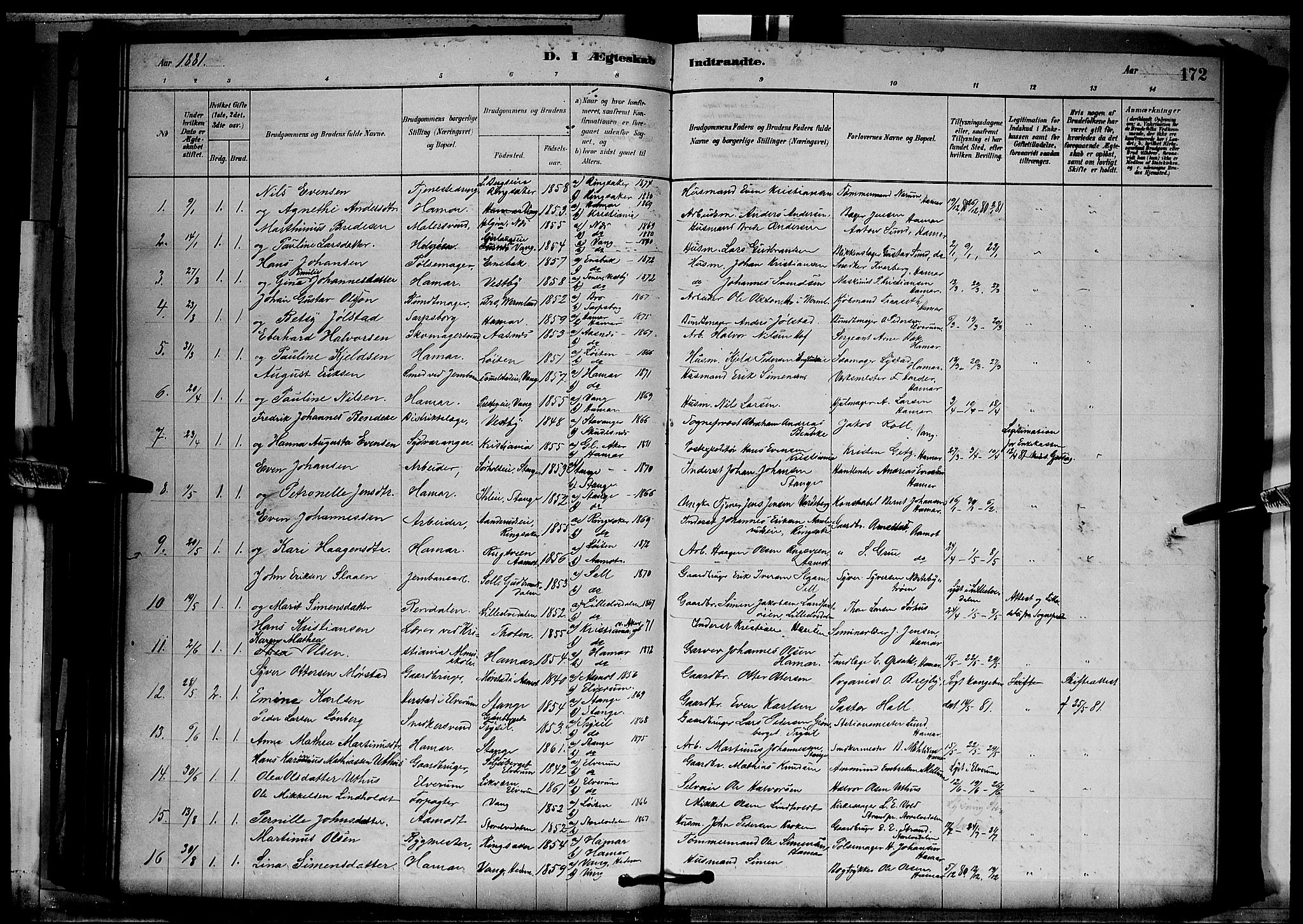 Vang prestekontor, Hedmark, SAH/PREST-008/H/Ha/Hab/L0012: Parish register (copy) no. 12, 1878-1889, p. 172