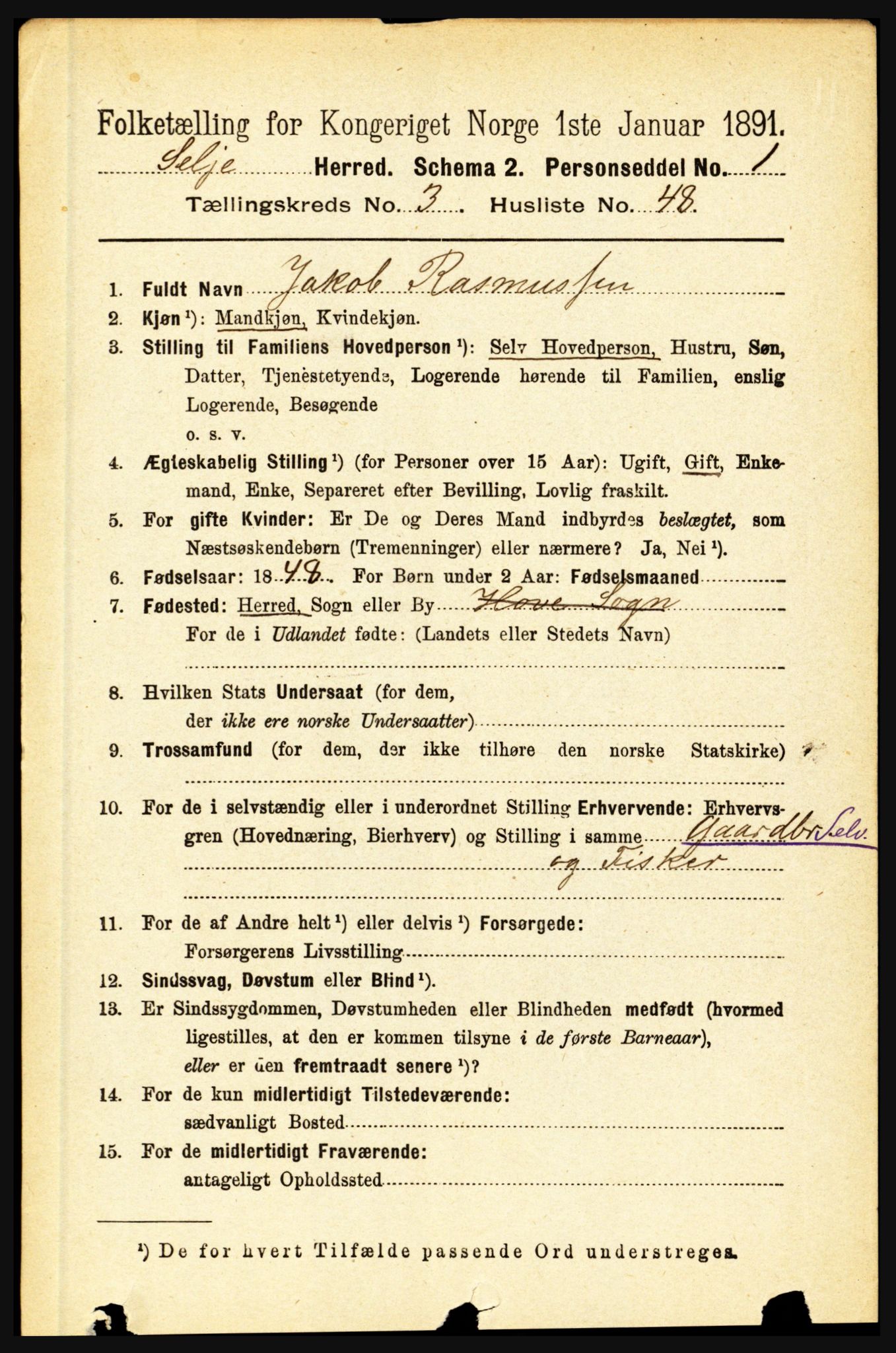 RA, 1891 census for 1441 Selje, 1891, p. 898