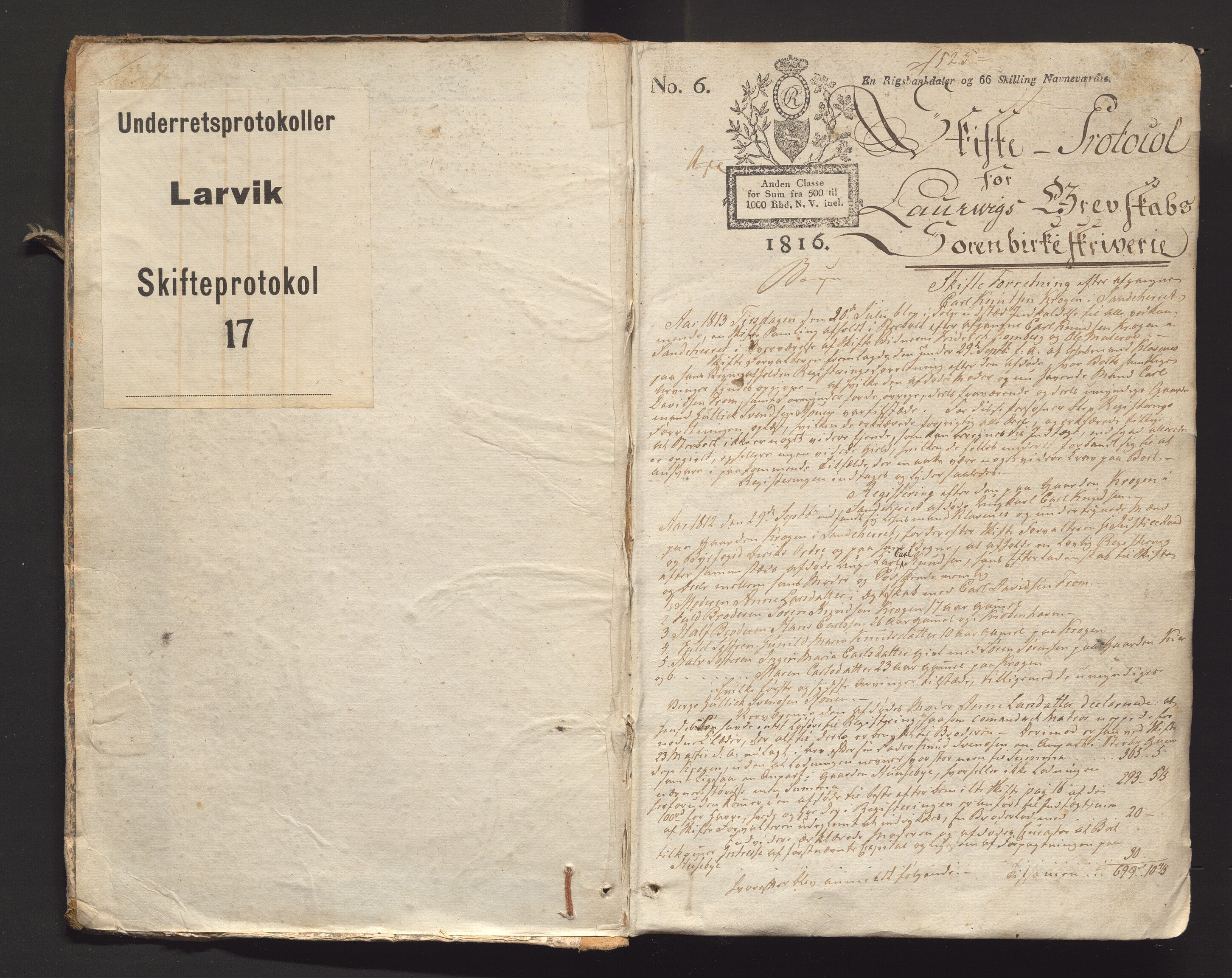 Larvik sorenskriveri, AV/SAKO-A-83/H/Hd/Hda/L0017: Skifteprotokoll, 1813-1816, p. 1