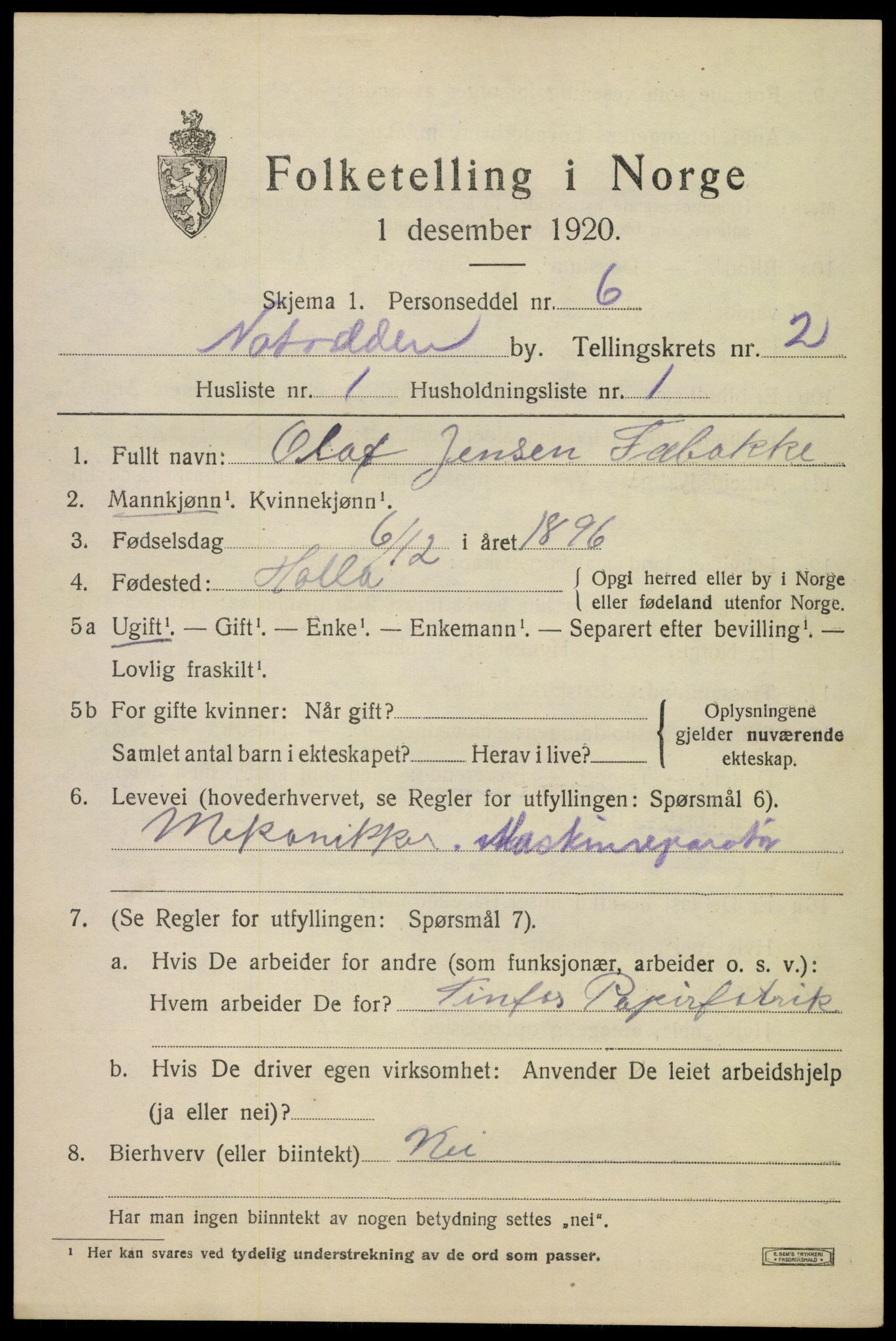 SAKO, 1920 census for Notodden, 1920, p. 6576