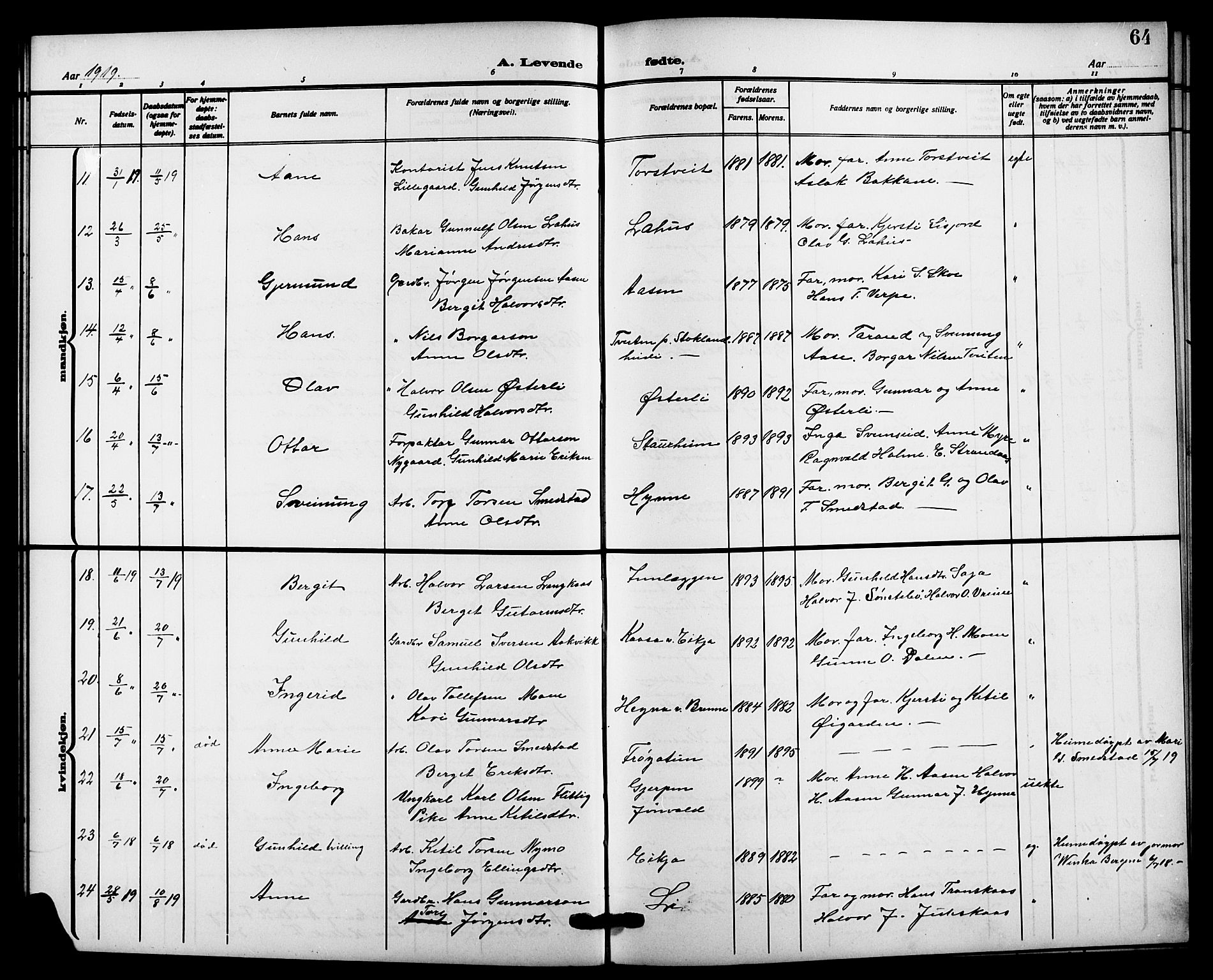 Bø kirkebøker, AV/SAKO-A-257/G/Ga/L0007: Parish register (copy) no. 7, 1909-1924, p. 64