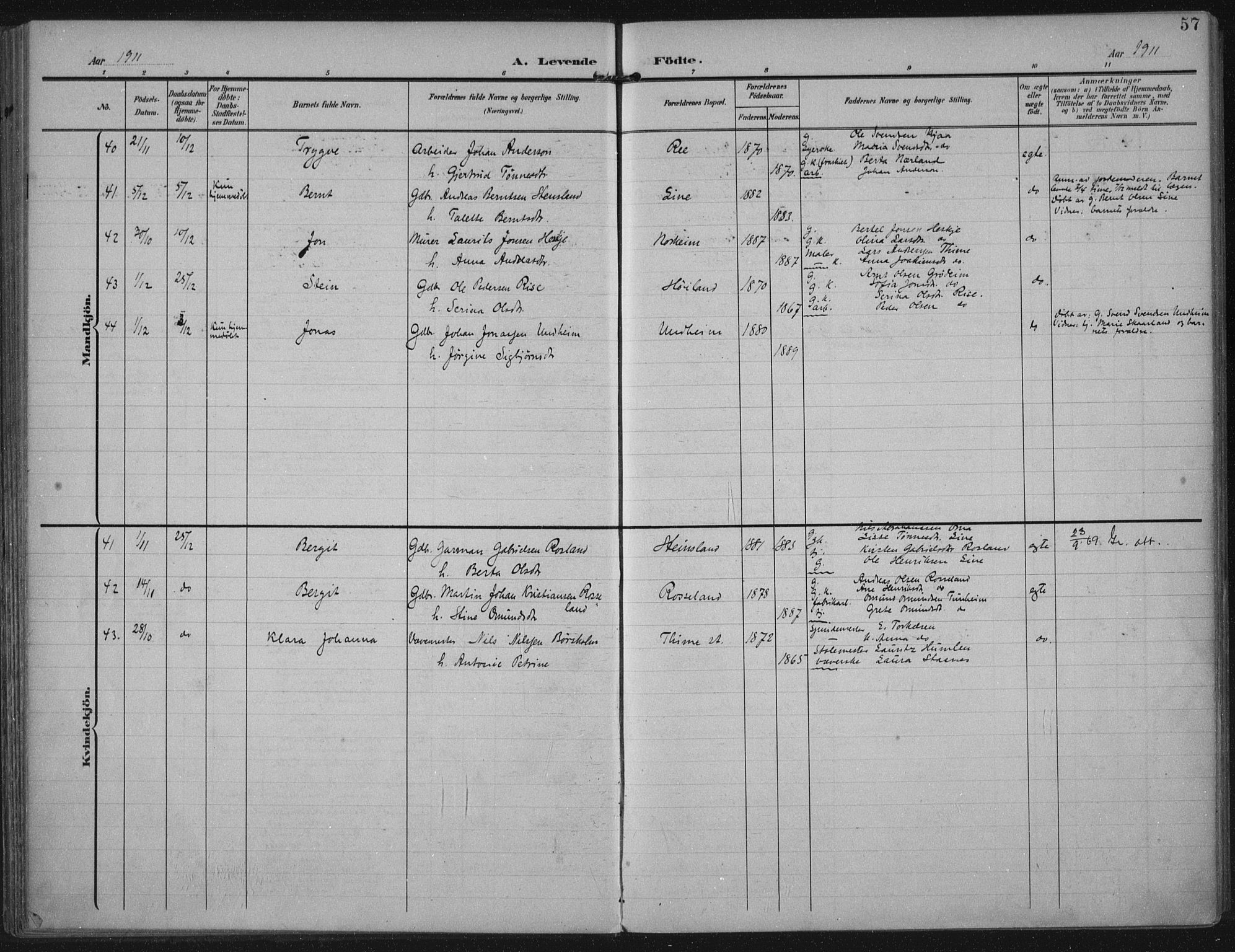 Lye sokneprestkontor, AV/SAST-A-101794/002/A/L0001: Parish register (official) no. A 12, 1904-1920, p. 57