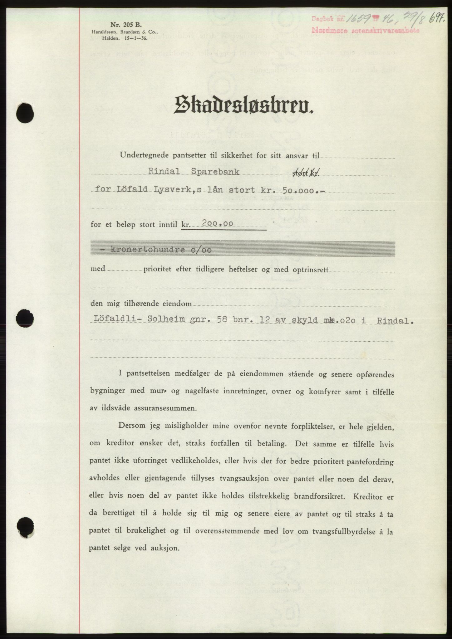 Nordmøre sorenskriveri, AV/SAT-A-4132/1/2/2Ca: Mortgage book no. B94, 1946-1946, Diary no: : 1659/1946