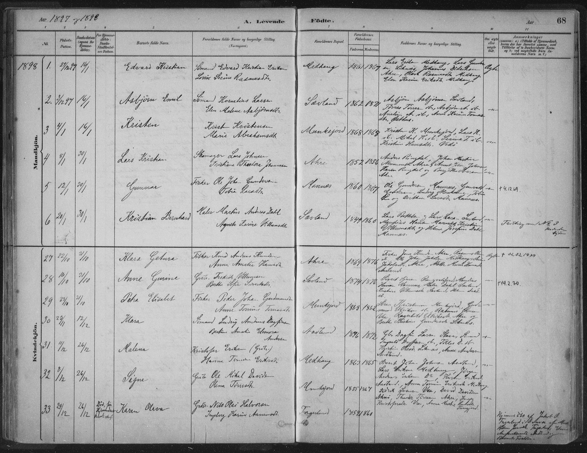 Kopervik sokneprestkontor, SAST/A-101850/H/Ha/Haa/L0004: Parish register (official) no. A 4, 1882-1905, p. 68
