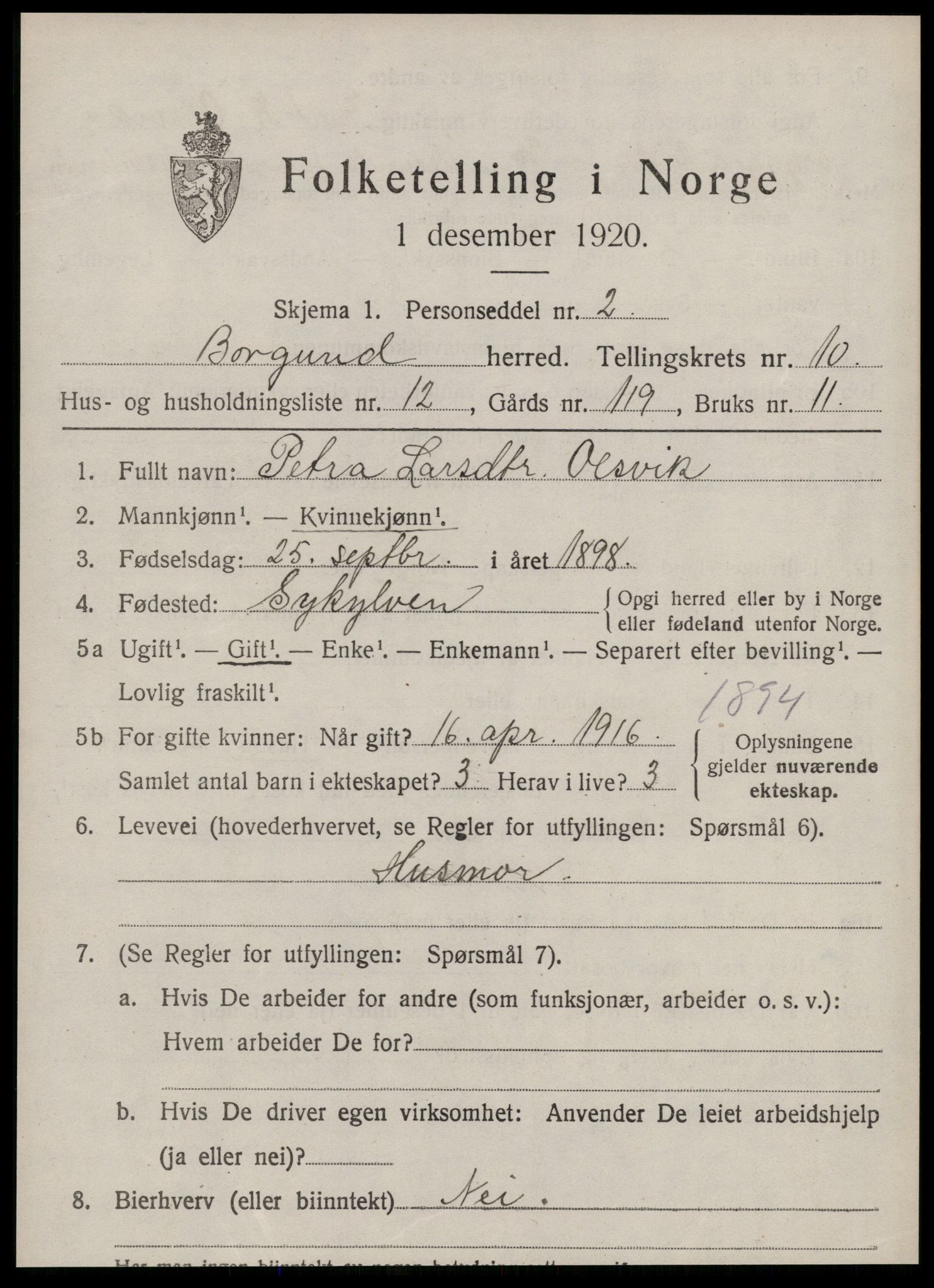 SAT, 1920 census for Borgund, 1920, p. 9316