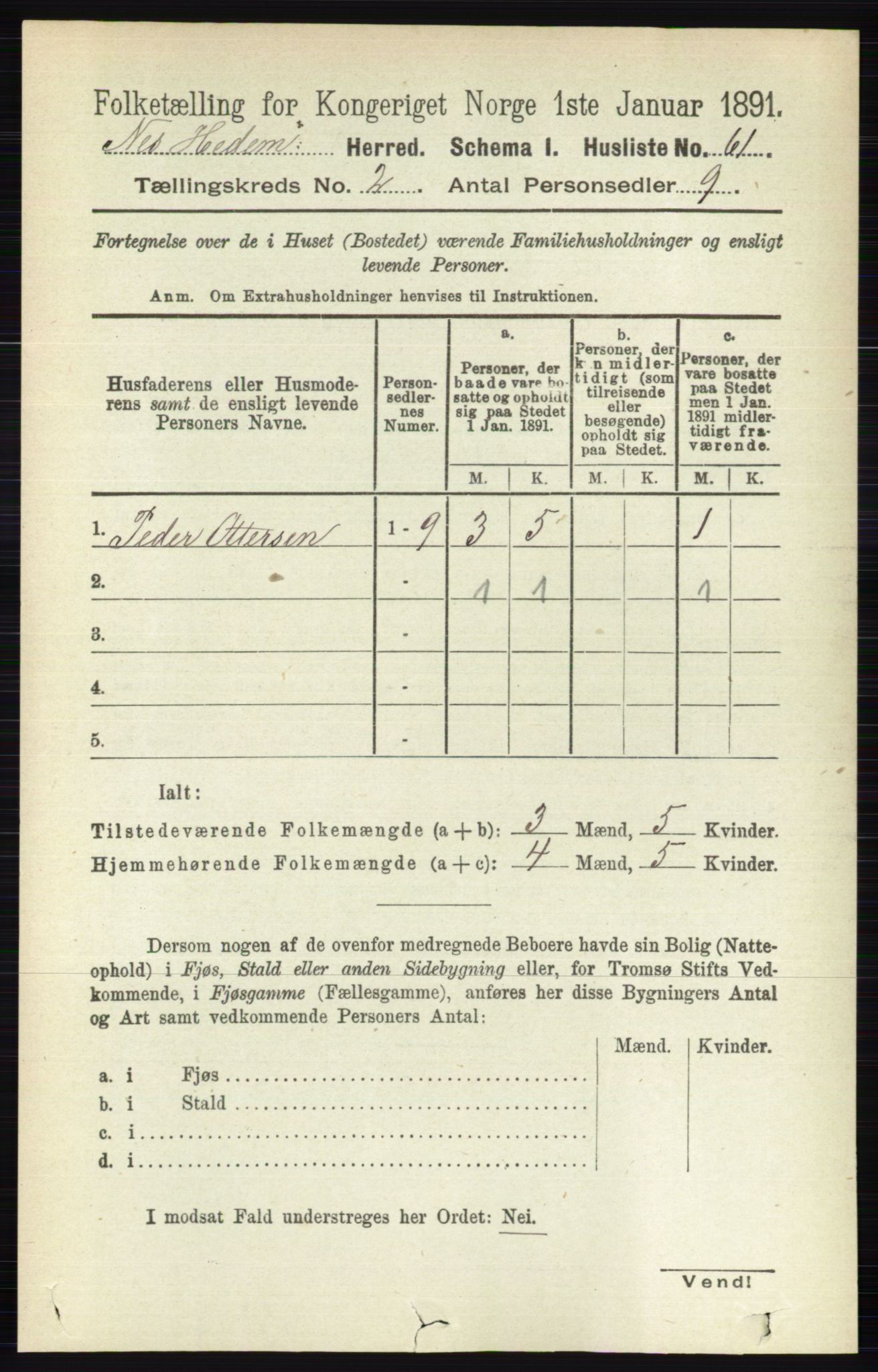 RA, 1891 census for 0411 Nes, 1891, p. 1066