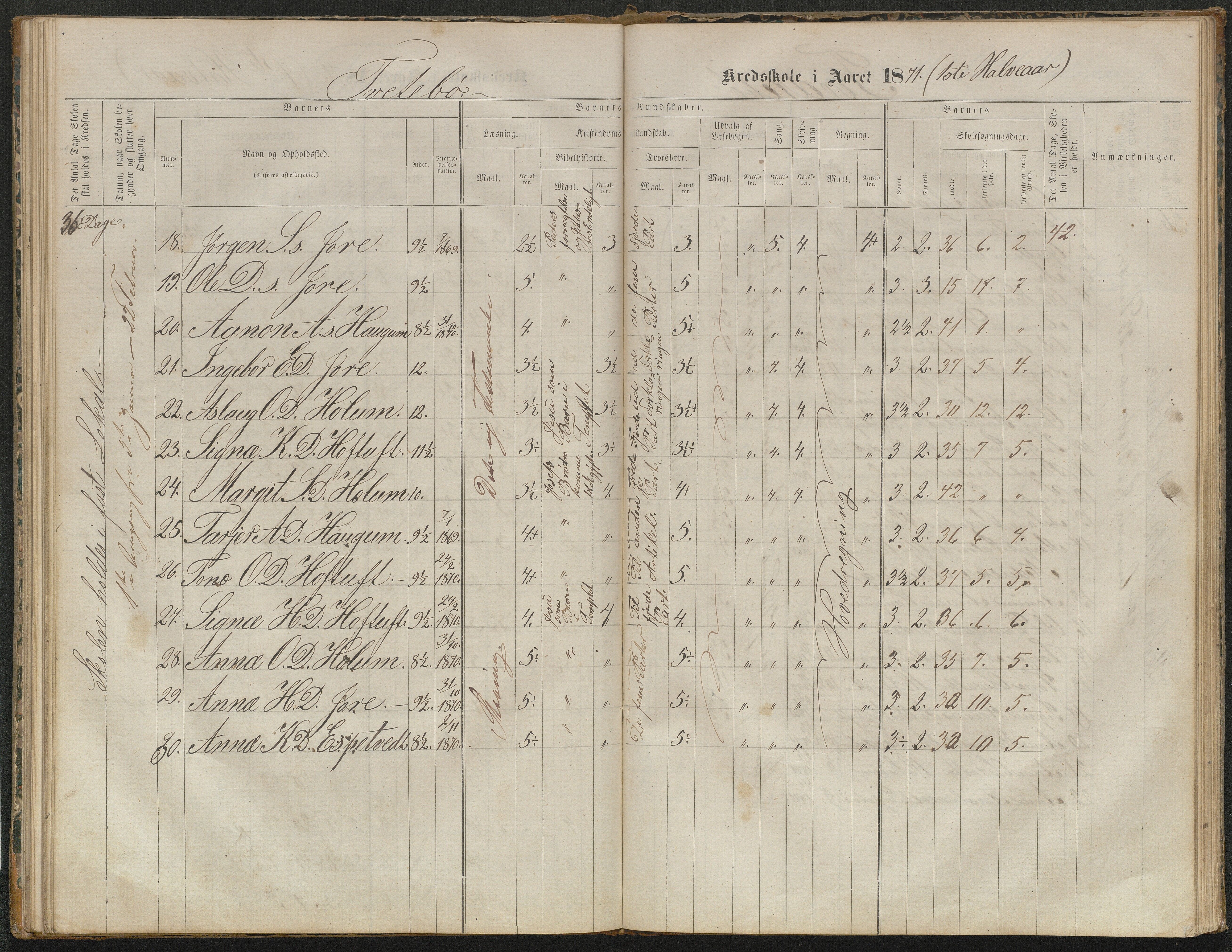 Valle kommune, AAKS/KA0940-PK/03/L0052: Karakterprotokoll for Homme skule. Karakterprotokoll for Oveinang skule. Karakterprotokoll for Tveitebø skule. Karakterprotokoll for den frivillige undervisning i Homme, 1863-1882