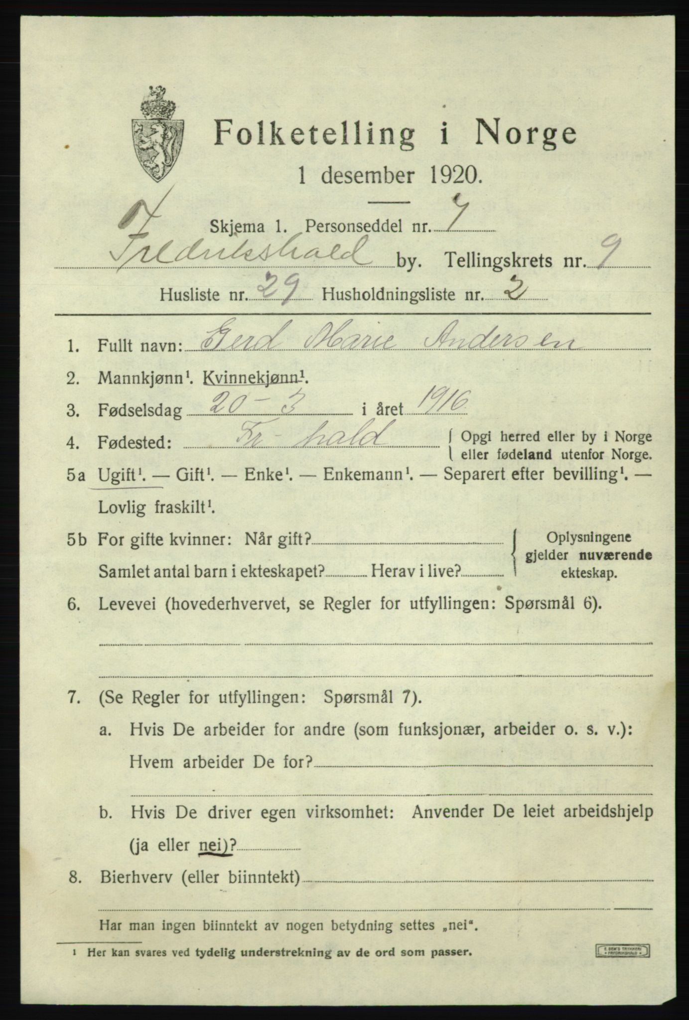 SAO, 1920 census for Fredrikshald, 1920, p. 16491