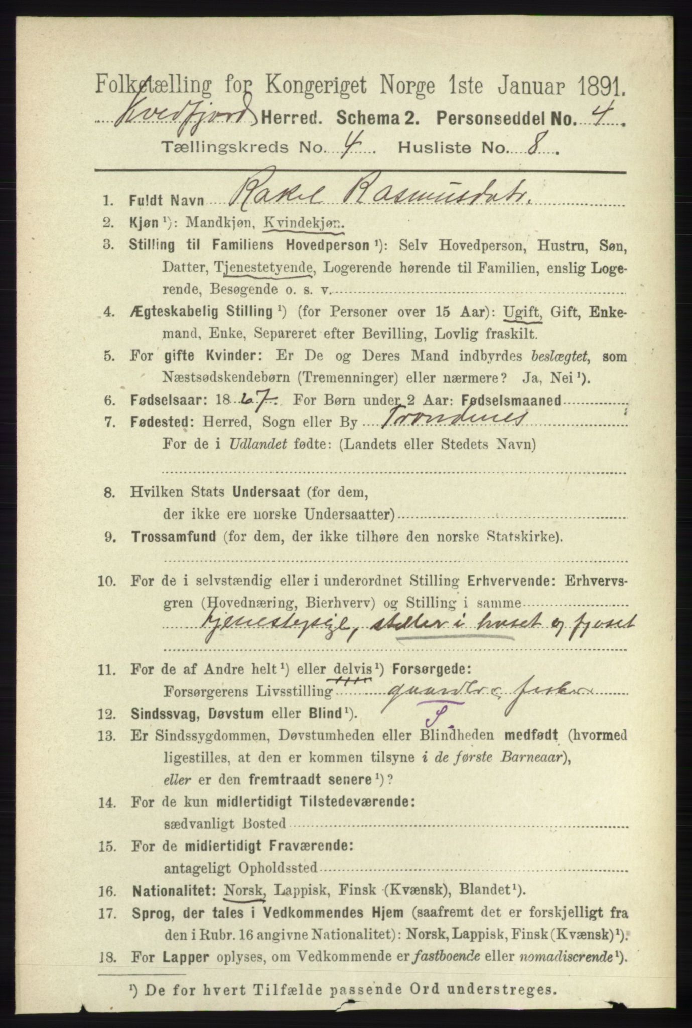 RA, 1891 census for 1911 Kvæfjord, 1891, p. 1935