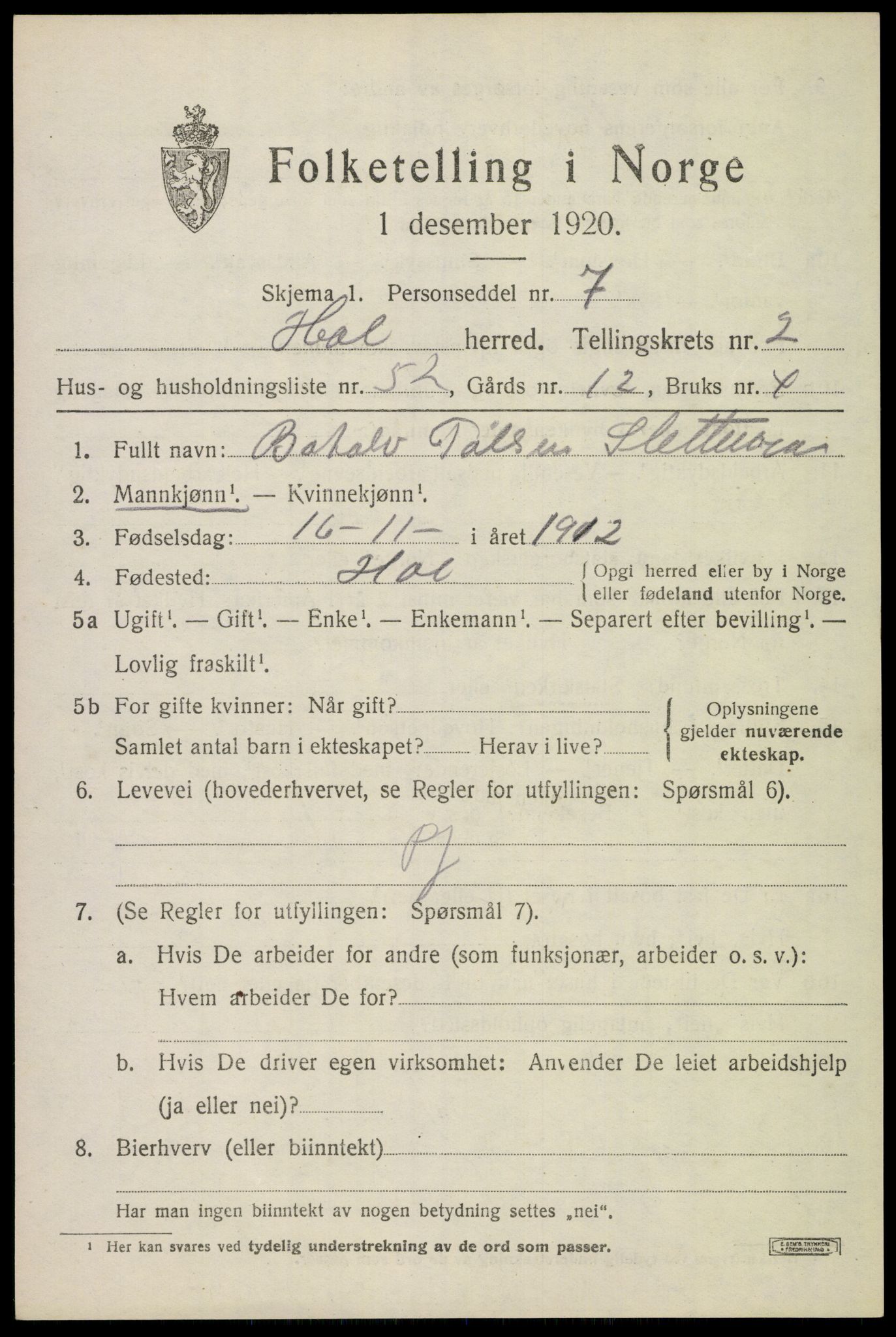 SAKO, 1920 census for Hol (Buskerud), 1920, p. 1847