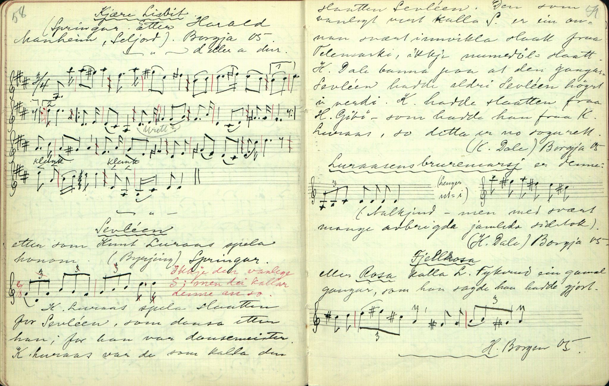 Rikard Berge, TEMU/TGM-A-1003/F/L0002/0014: 031-060 Innholdslister / 44 Folkemusik, 1905, p. 58-59