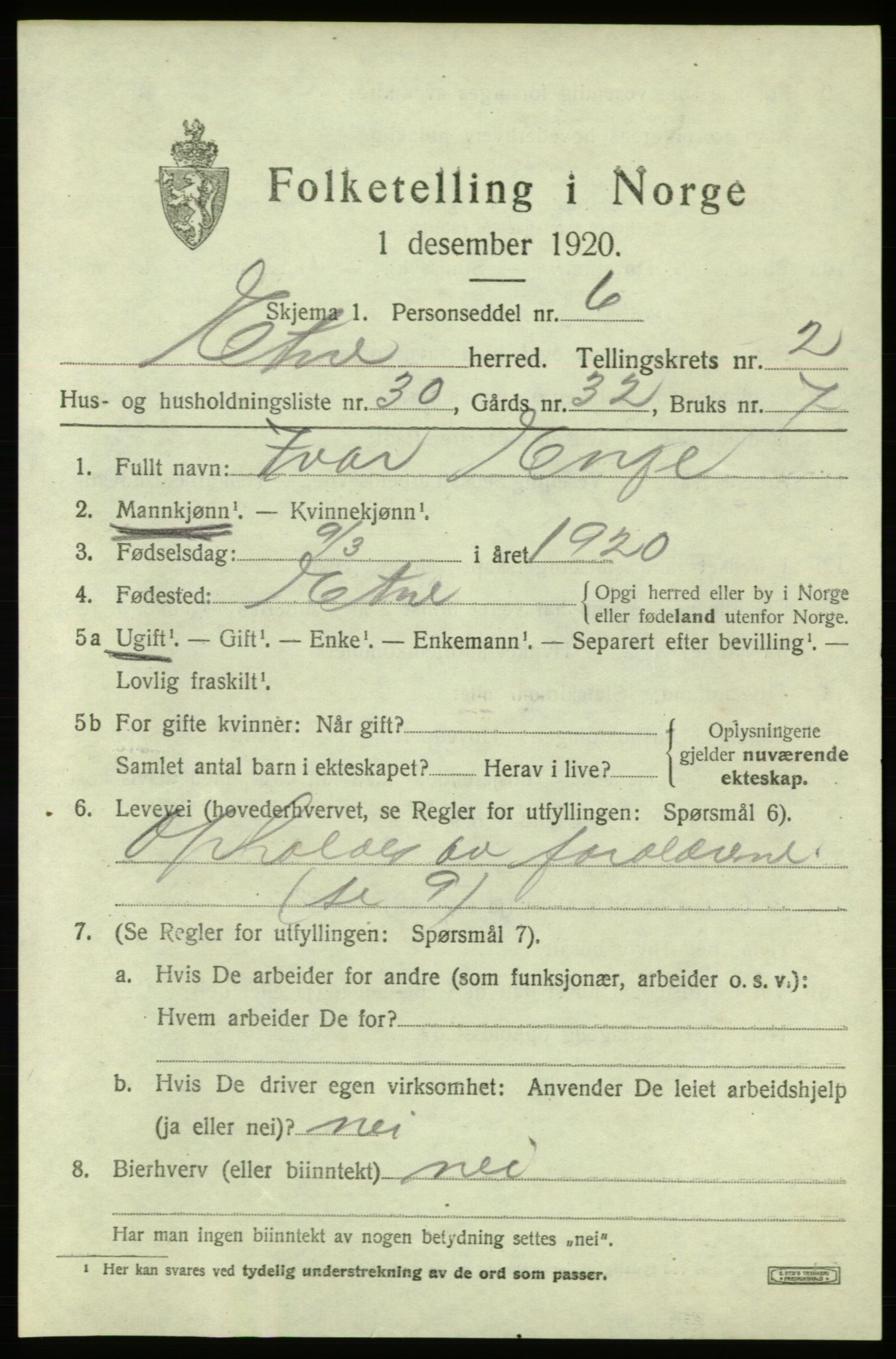 SAB, 1920 census for Etne, 1920, p. 1423