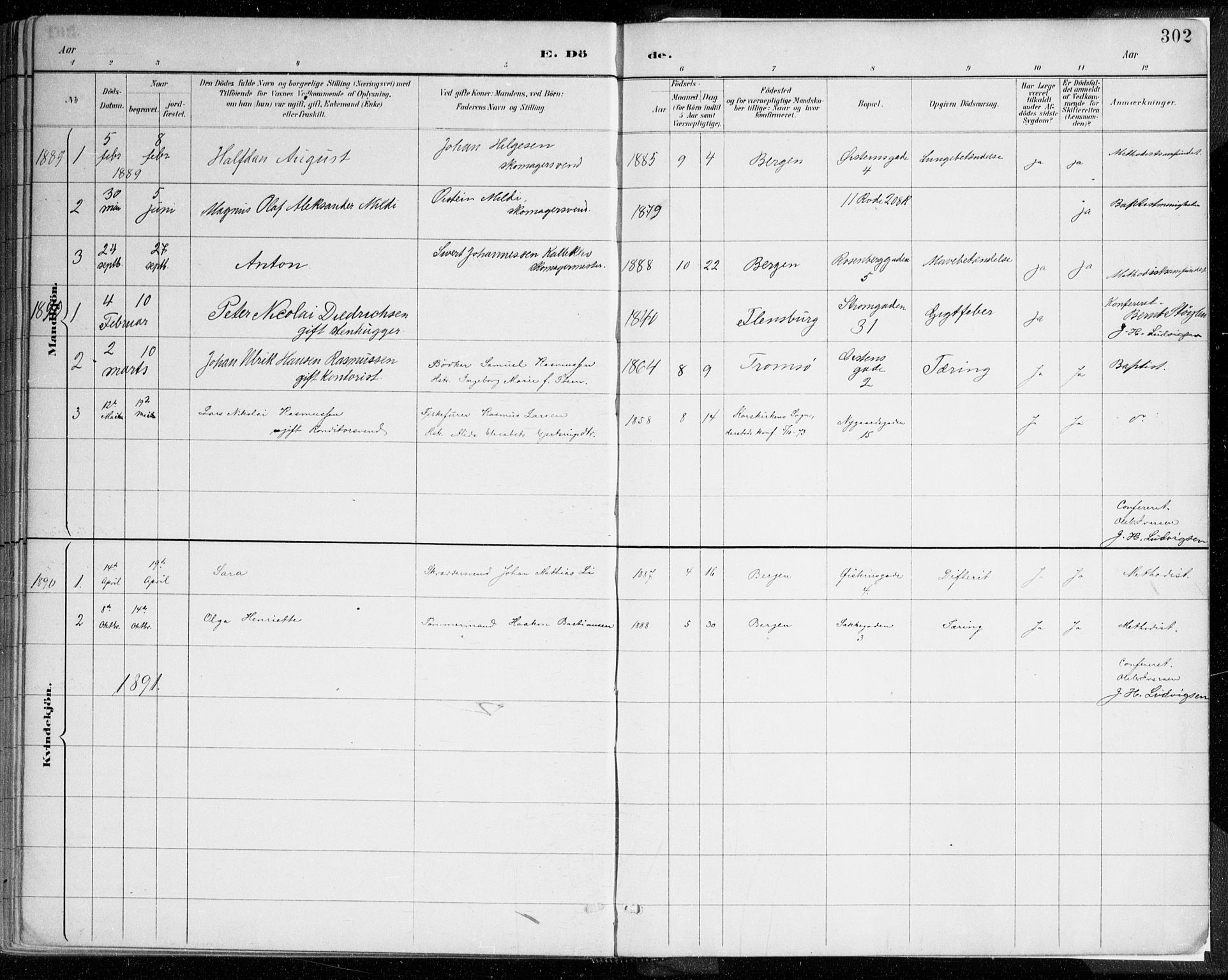 Johanneskirken sokneprestembete, SAB/A-76001/H/Haa/L0019: Parish register (official) no. E 1, 1885-1915, p. 302