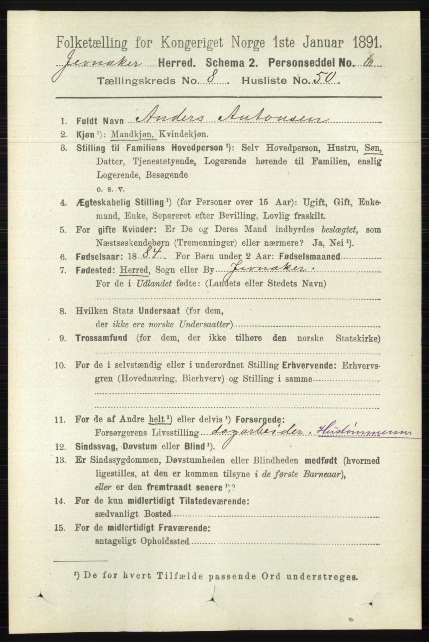 RA, 1891 census for 0532 Jevnaker, 1891, p. 4655