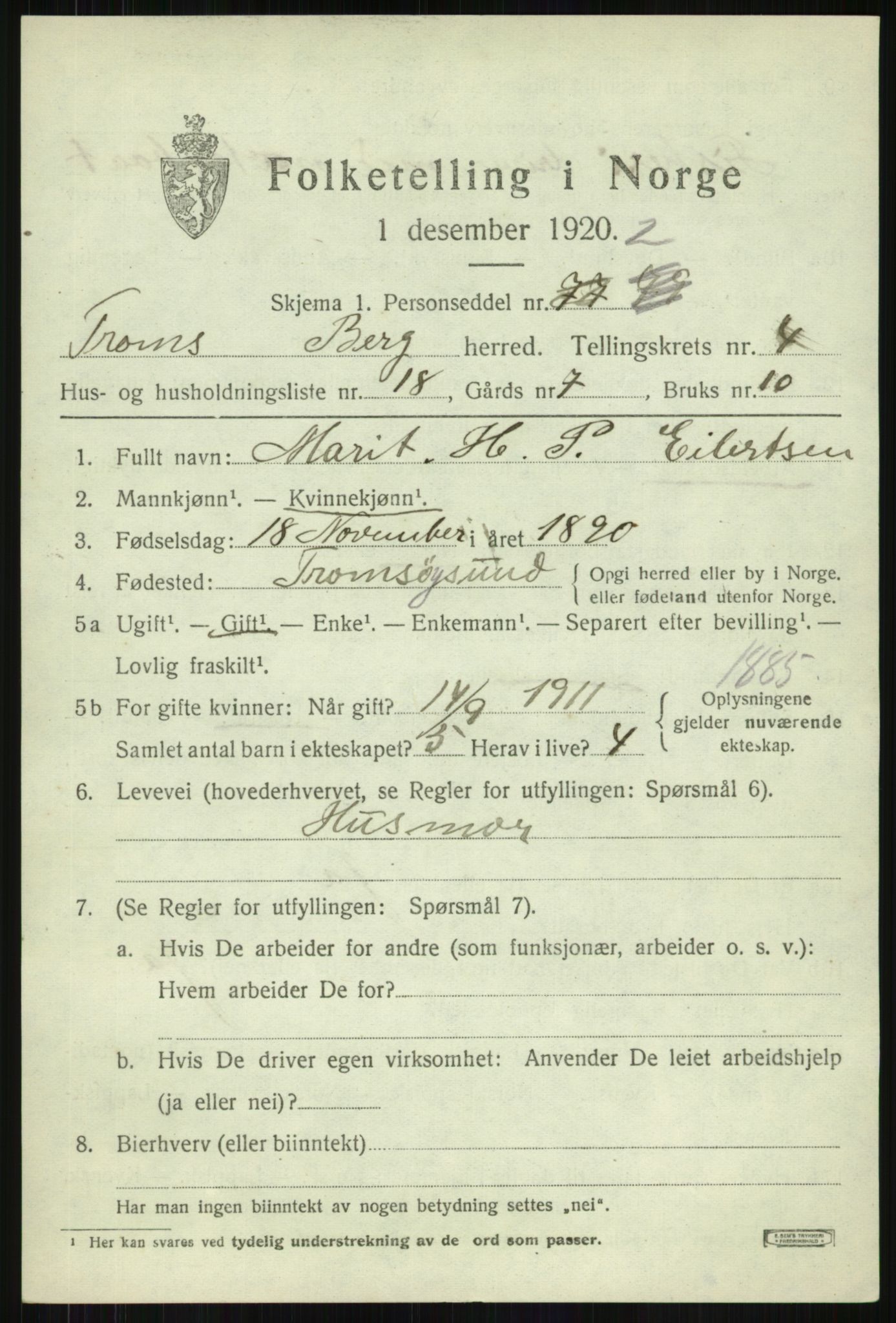 SATØ, 1920 census for Berg, 1920, p. 1692