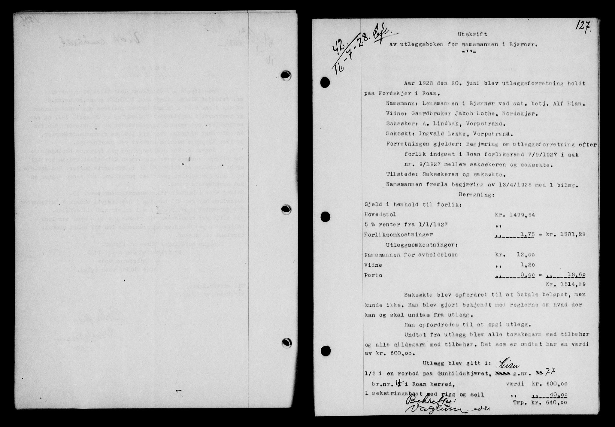 Fosen sorenskriveri, AV/SAT-A-1107/1/2/2C/L0067: Mortgage book no. 58, 1928-1929, p. 127, Deed date: 16.07.1928