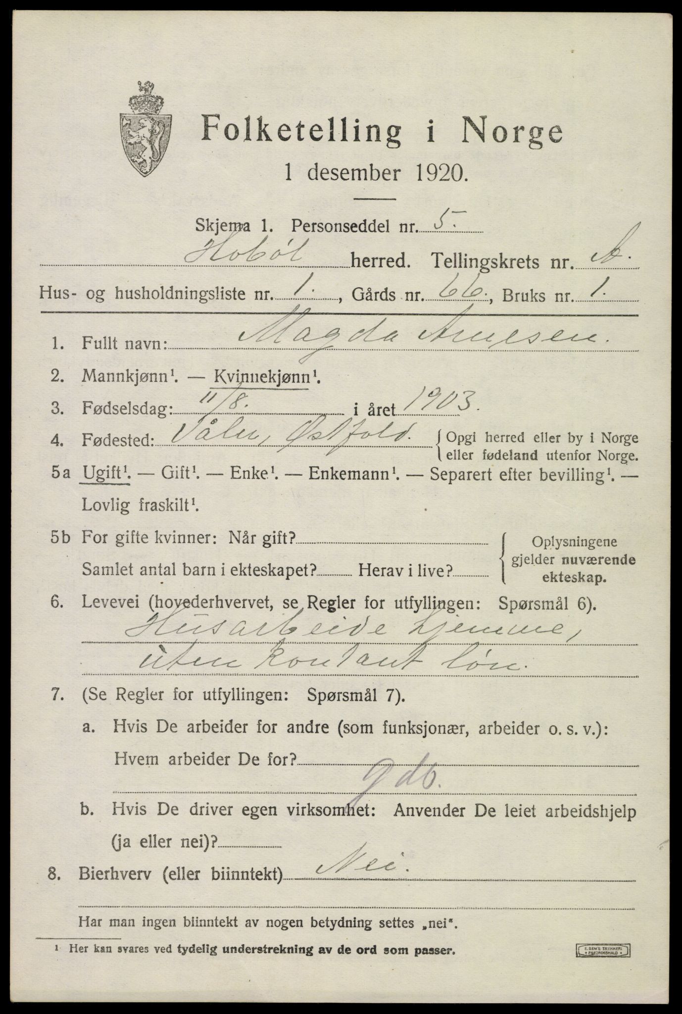 SAO, 1920 census for Hobøl, 1920, p. 894