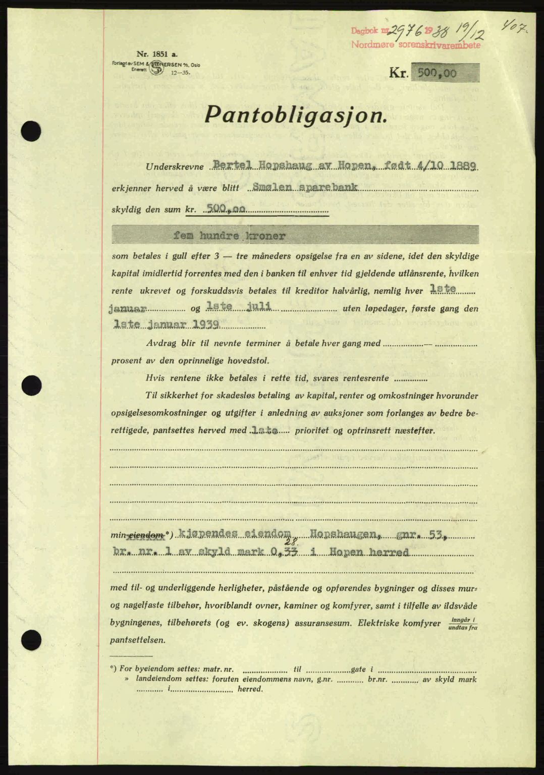 Nordmøre sorenskriveri, AV/SAT-A-4132/1/2/2Ca: Mortgage book no. B84, 1938-1939, Diary no: : 2976/1938